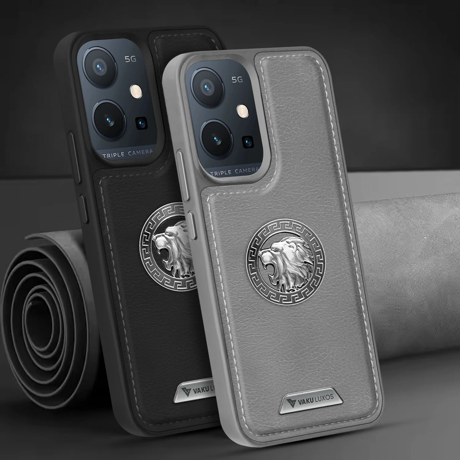 Vaku ® Vivo Y75 5G Regal Shield Metal Lion Engraved Leather Back Cover - Image 9