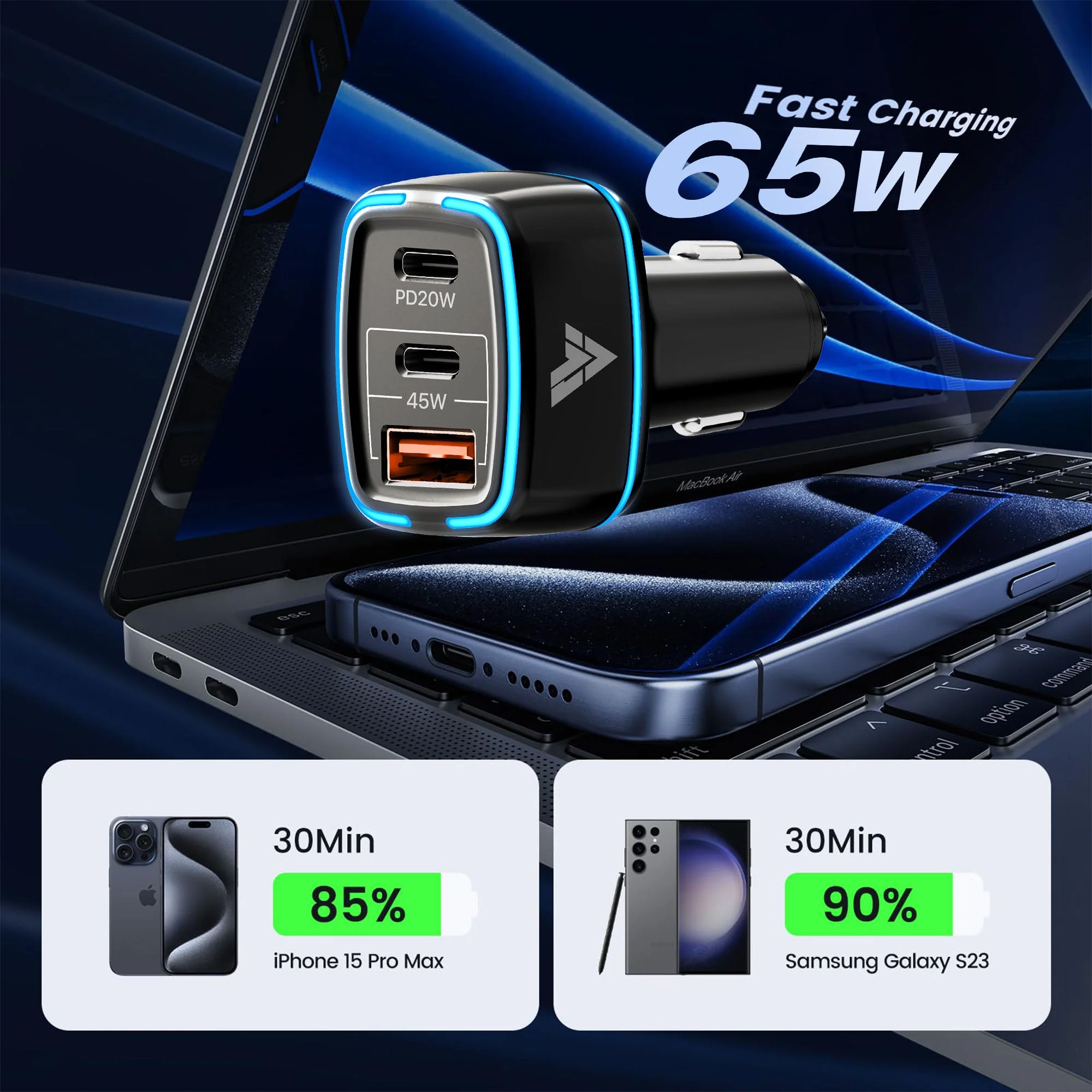 Vaku ® Xenovolt USB C 65W Triple Port Fast Car Charger PD & QC 3.0 for IOS & Android Devices - Image 2