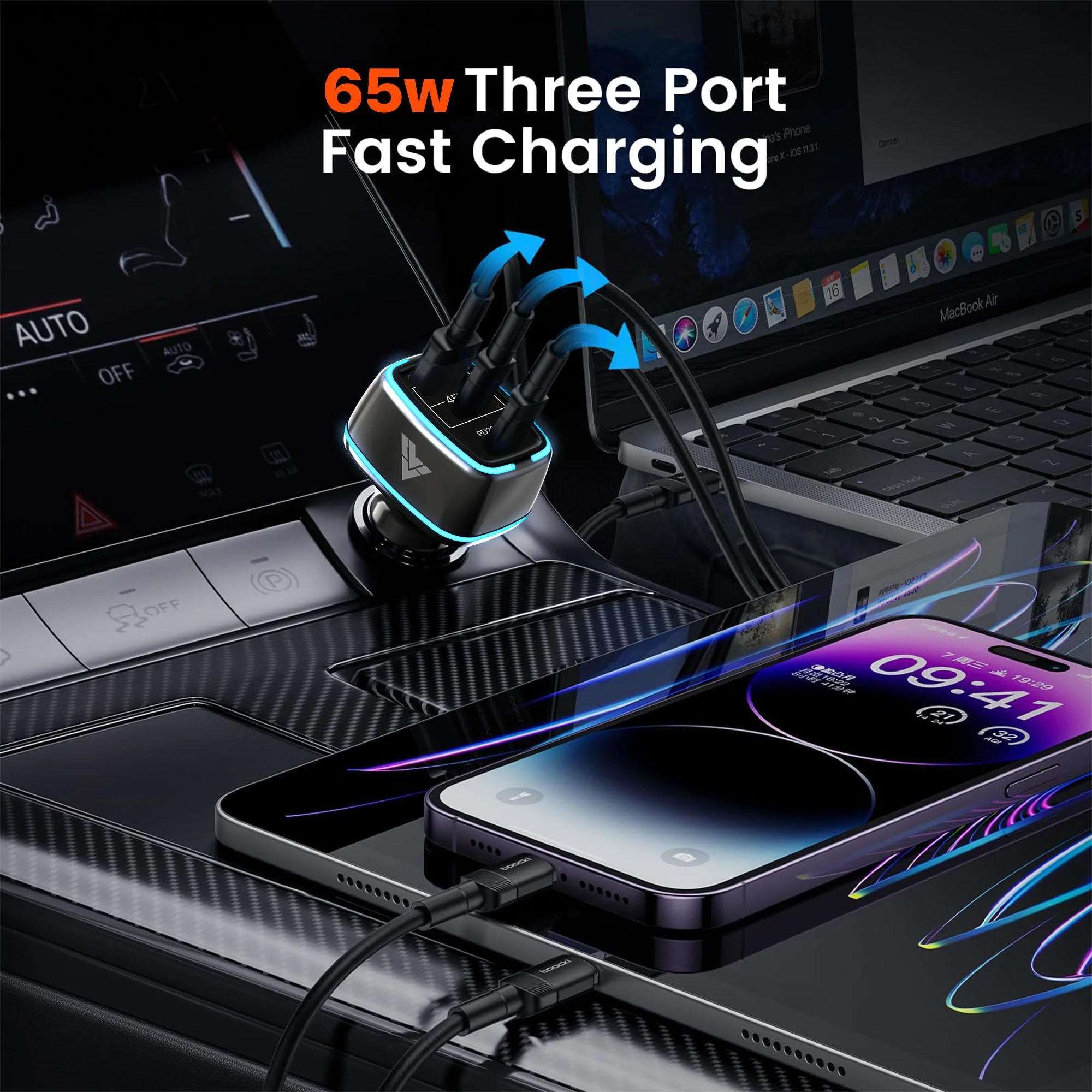 Vaku ® Xenovolt USB C 65W Triple Port Fast Car Charger PD & QC 3.0 for IOS & Android Devices - Image 4
