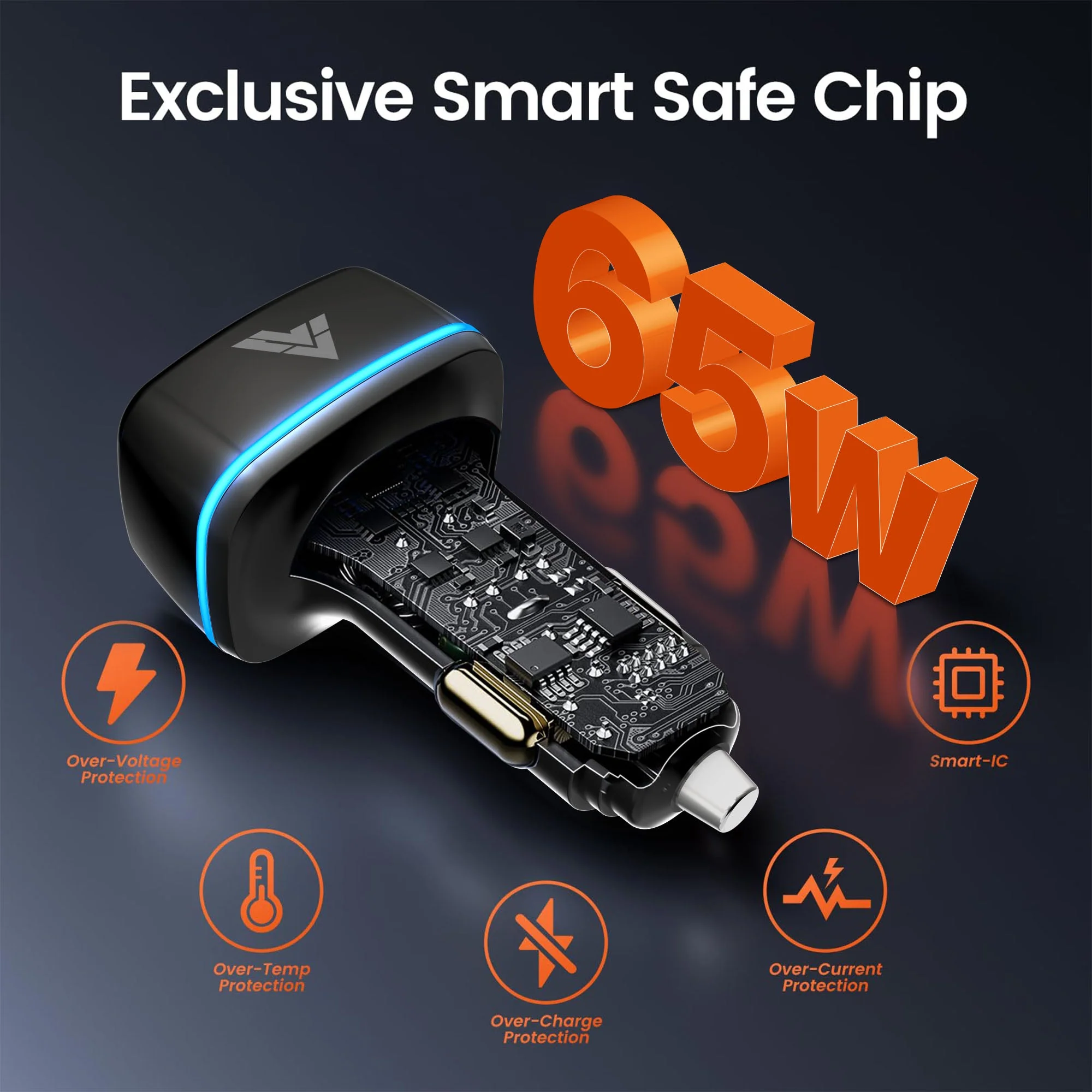 Vaku ® Xenovolt USB C 65W Triple Port Fast Car Charger PD & QC 3.0 for IOS & Android Devices - Image 5