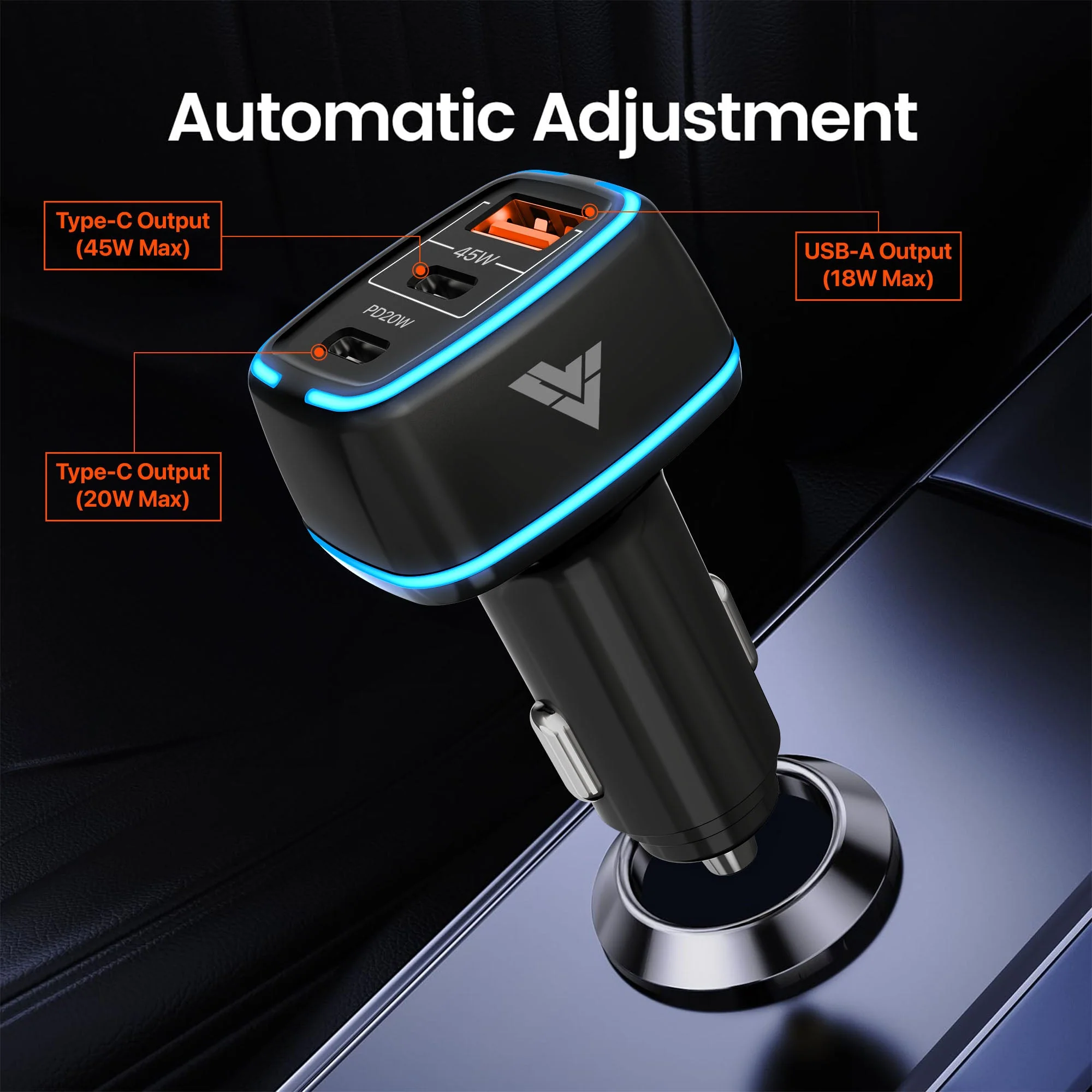 Vaku ® Xenovolt USB C 65W Triple Port Fast Car Charger PD & QC 3.0 for IOS & Android Devices - Image 6