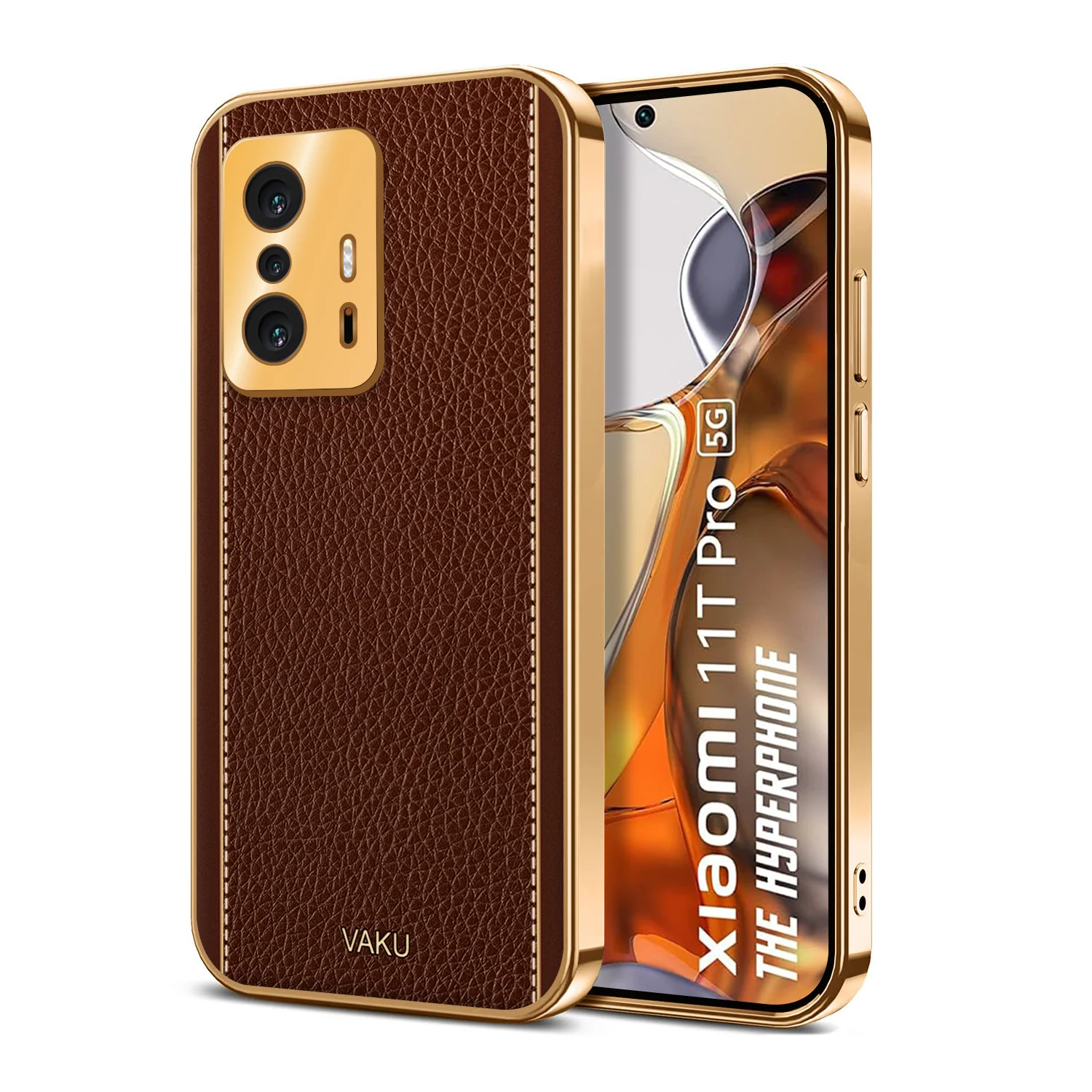 Vaku® Xiaomi 11T Pro 5G Luxemberg Series Leather Stitched Gold Electroplated Soft TPU Back Cover - Image 3