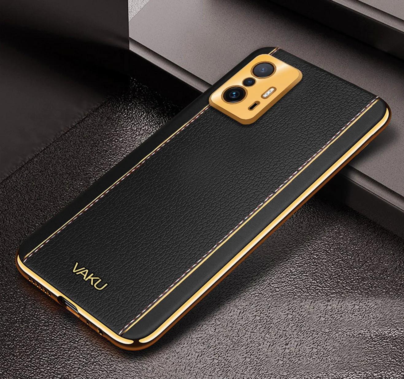 Vaku® Xiaomi 11T Pro 5G Luxemberg Series Leather Stitched Gold Electroplated Soft TPU Back Cover - Image 4