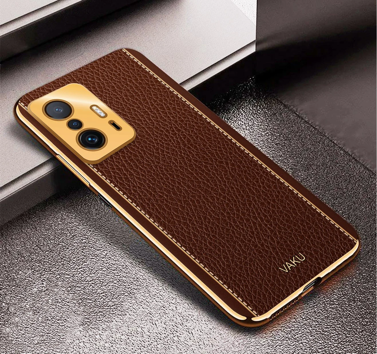 Vaku® Xiaomi 11T Pro 5G Luxemberg Series Leather Stitched Gold Electroplated Soft TPU Back Cover - Image 6