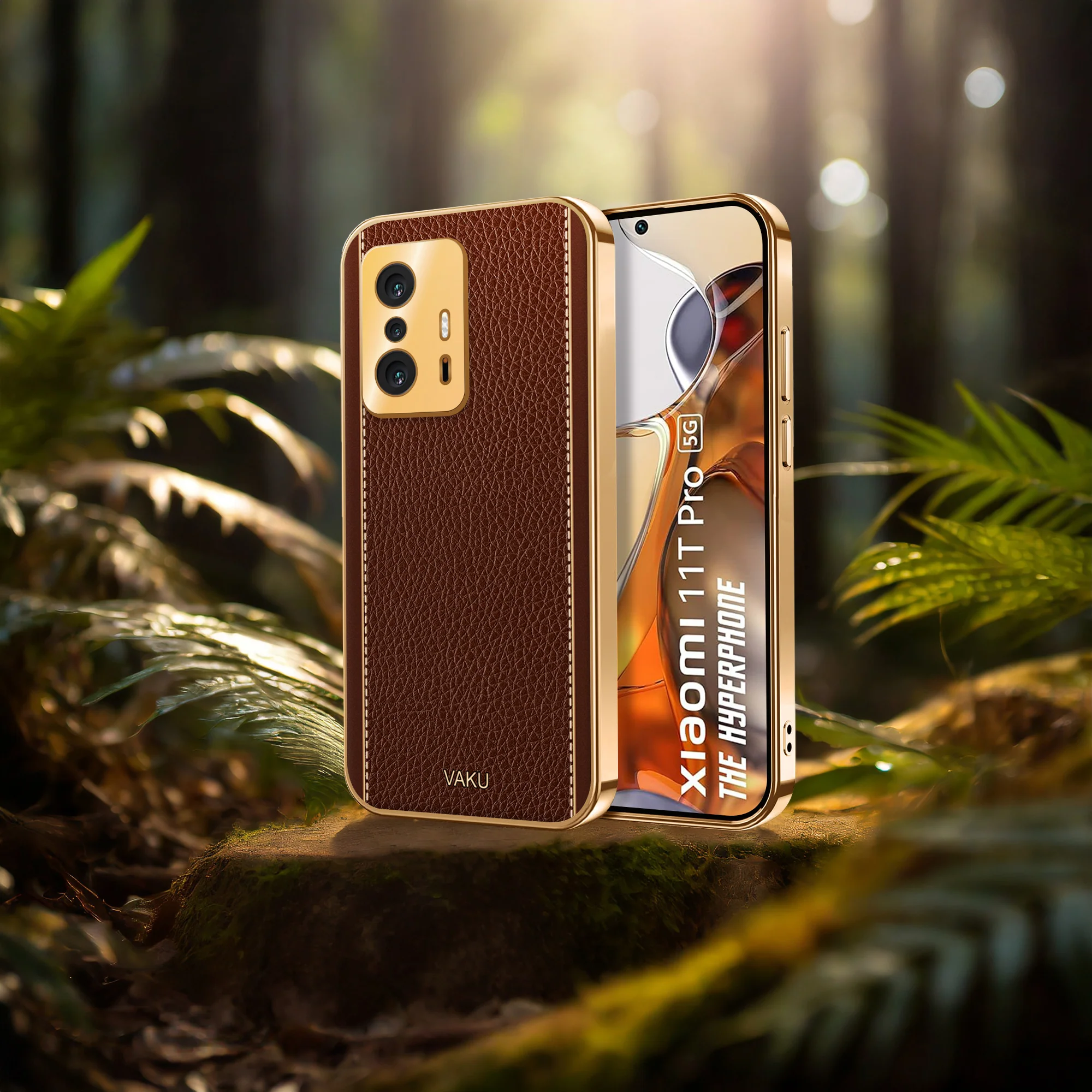 Vaku® Xiaomi 11T Pro 5G Luxemberg Series Leather Stitched Gold Electroplated Soft TPU Back Cover - Image 7