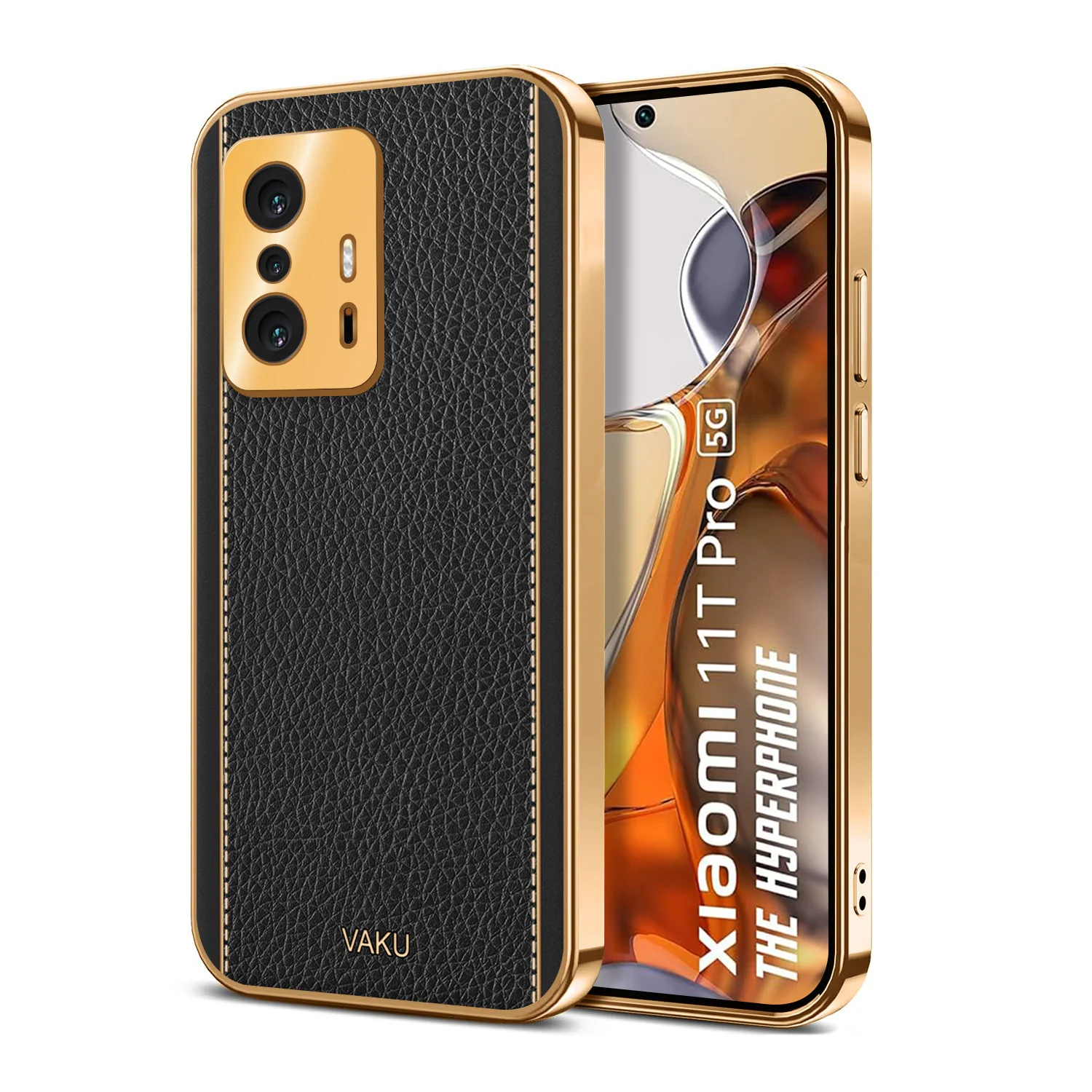 Vaku® Xiaomi 11T Pro 5G Luxemberg Series Leather Stitched Gold Electroplated Soft TPU Back Cover - Image 9