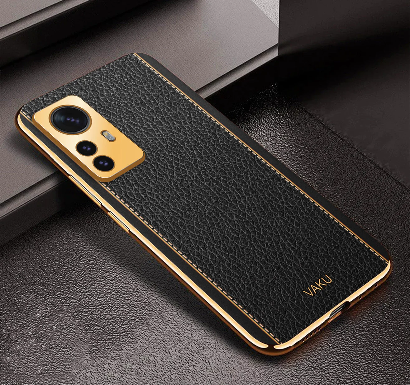 Vaku® Xiaomi 12 Pro 5G Luxemberg Leather Pattern Gold Electroplated Soft TPU Back Cover - Image 3