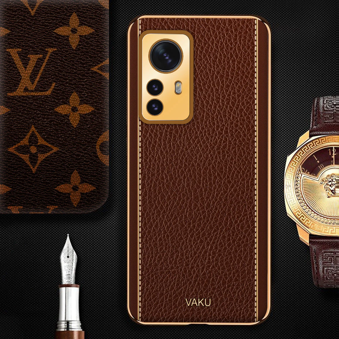 Vaku® Xiaomi 12 Pro 5G Luxemberg Leather Pattern Gold Electroplated Soft TPU Back Cover - Image 7