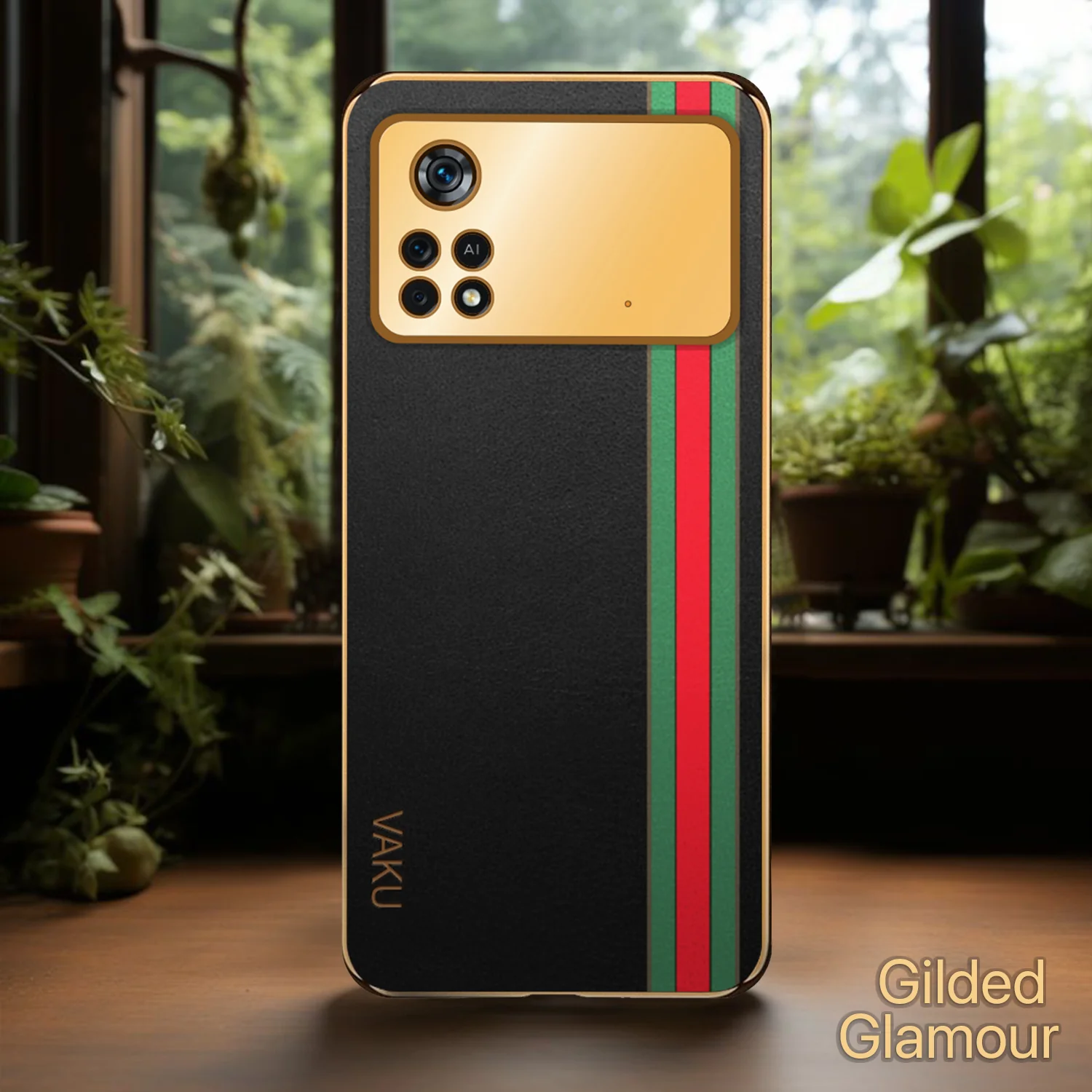Vaku® Xiaomi Poco M4 Pro 5G Felix Line Leather Stitched Gold Electroplated Soft TPU Back Cover Case - Image 11