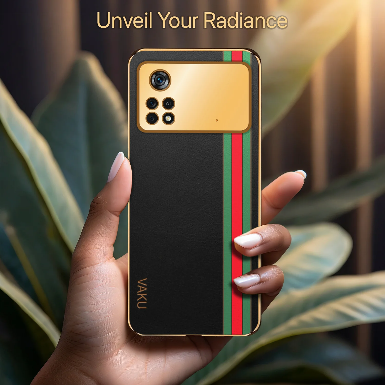 Vaku® Xiaomi Poco M4 Pro 5G Felix Line Leather Stitched Gold Electroplated Soft TPU Back Cover Case - Image 12