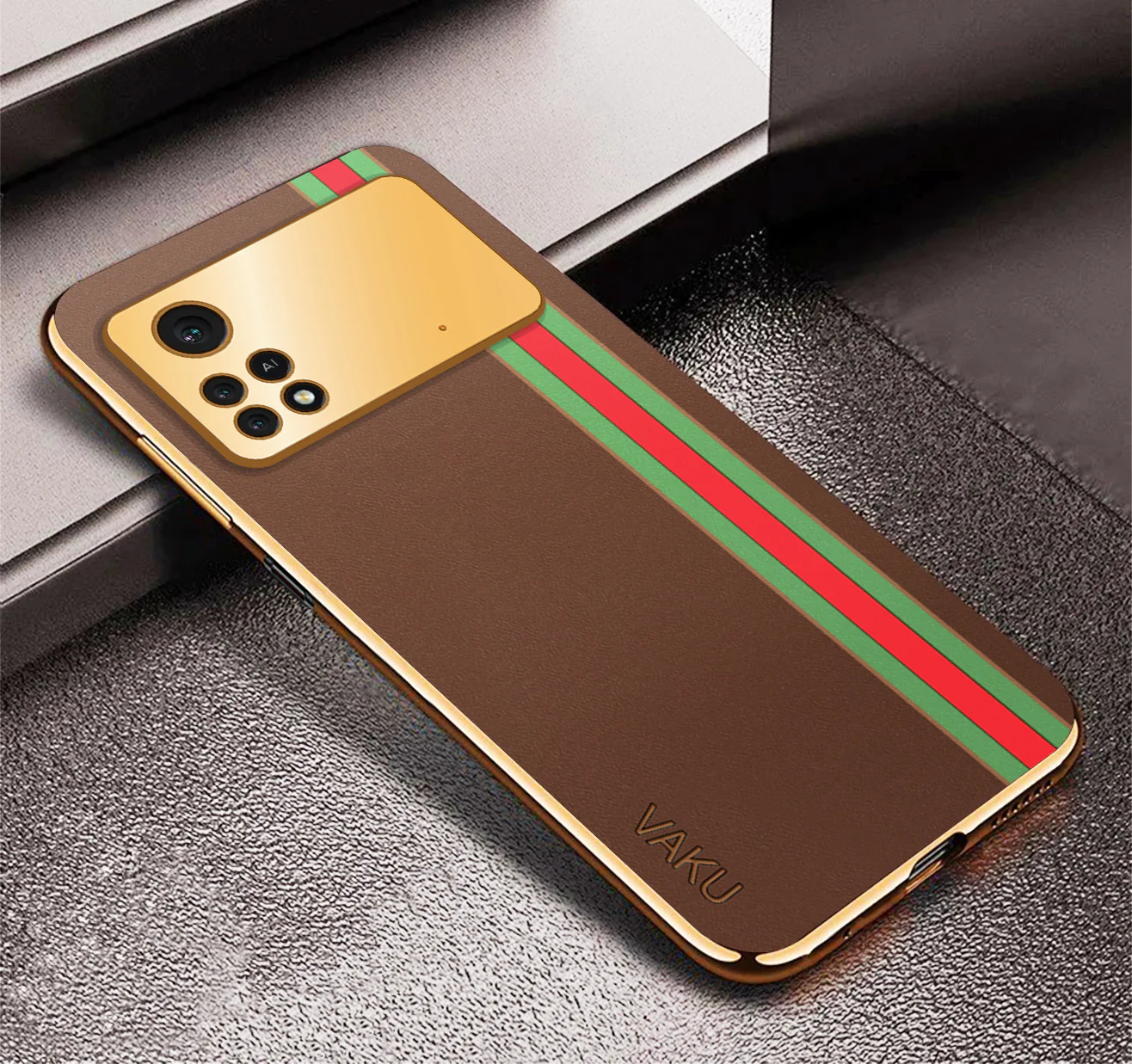 Vaku® Xiaomi Poco M4 Pro 5G Felix Line Leather Stitched Gold Electroplated Soft TPU Back Cover Case - Image 13