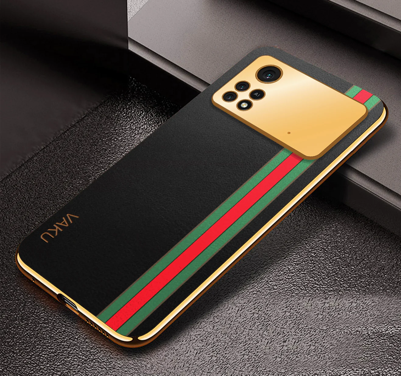 Vaku® Xiaomi Poco M4 Pro 5G Felix Line Leather Stitched Gold Electroplated Soft TPU Back Cover Case - Image 6