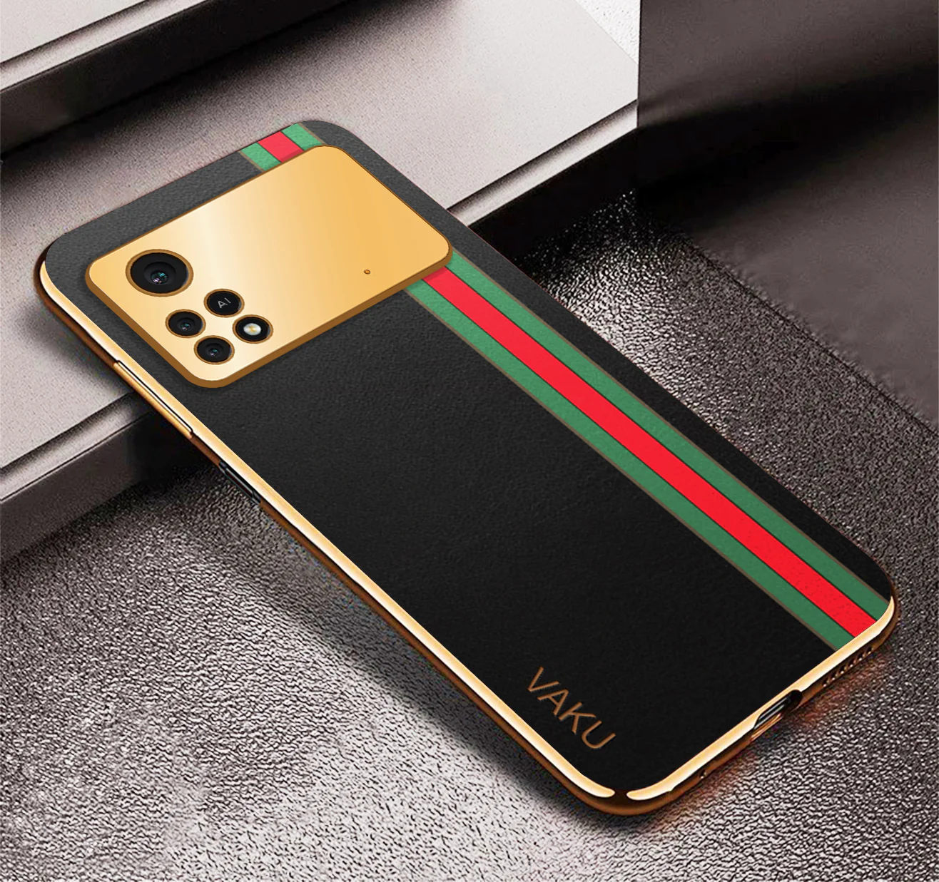Vaku® Xiaomi Poco M4 Pro 5G Felix Line Leather Stitched Gold Electroplated Soft TPU Back Cover Case - Image 7