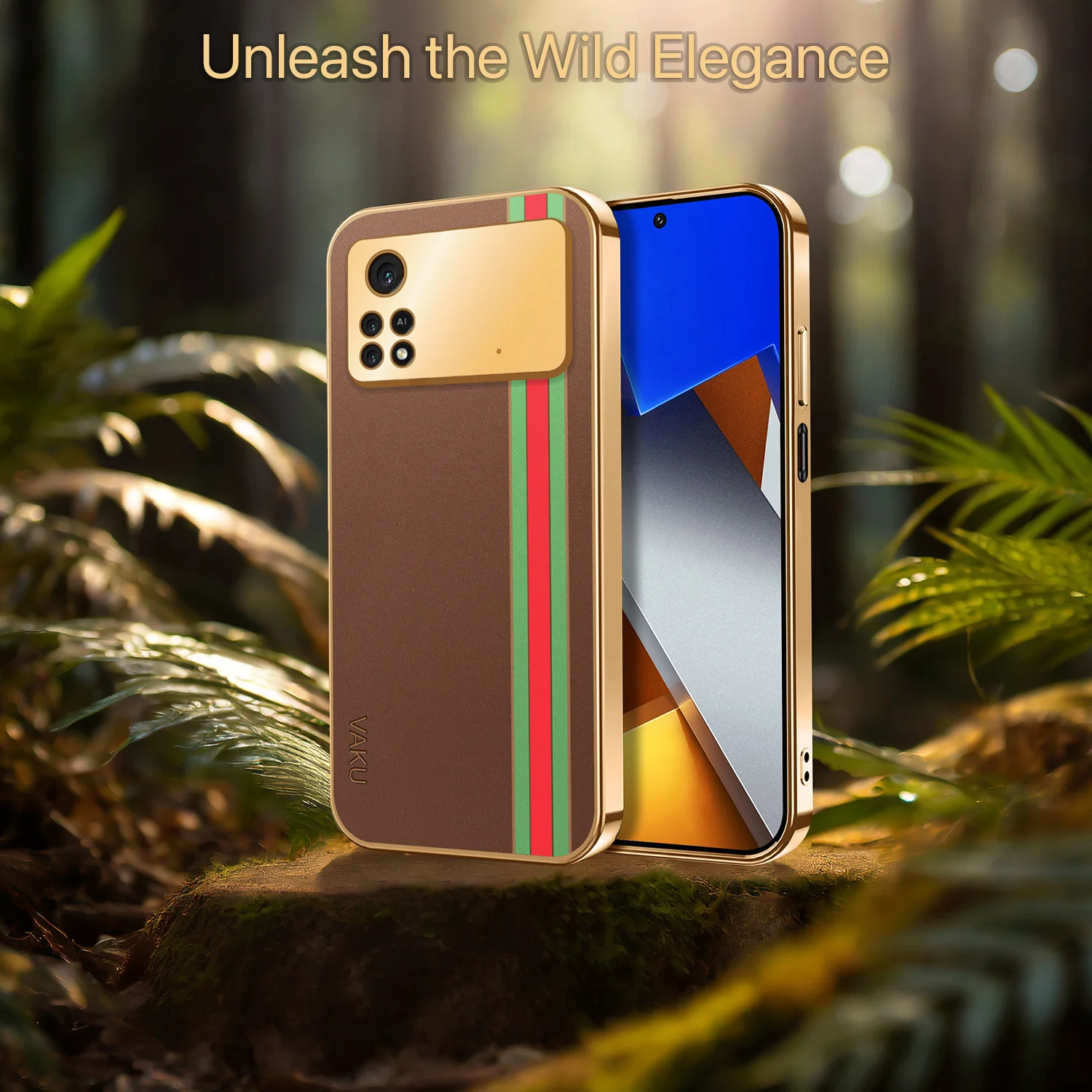 Vaku® Xiaomi Poco M4 Pro 5G Felix Line Leather Stitched Gold Electroplated Soft TPU Back Cover Case - Image 9