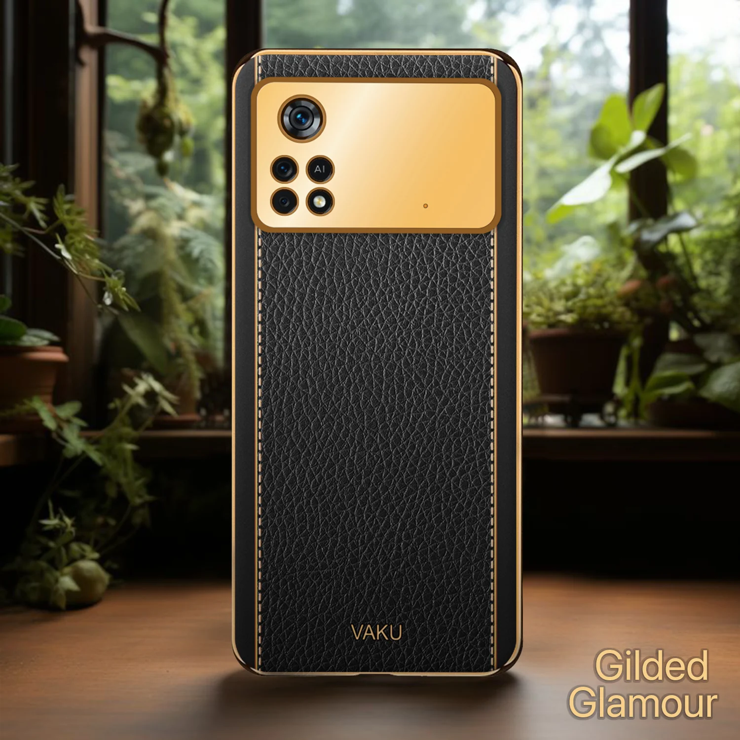 Vaku® Xiaomi Poco M4 Pro Luxemberg Series Leather Stitched Gold Electroplated Soft TPU Back Cover - Image 10