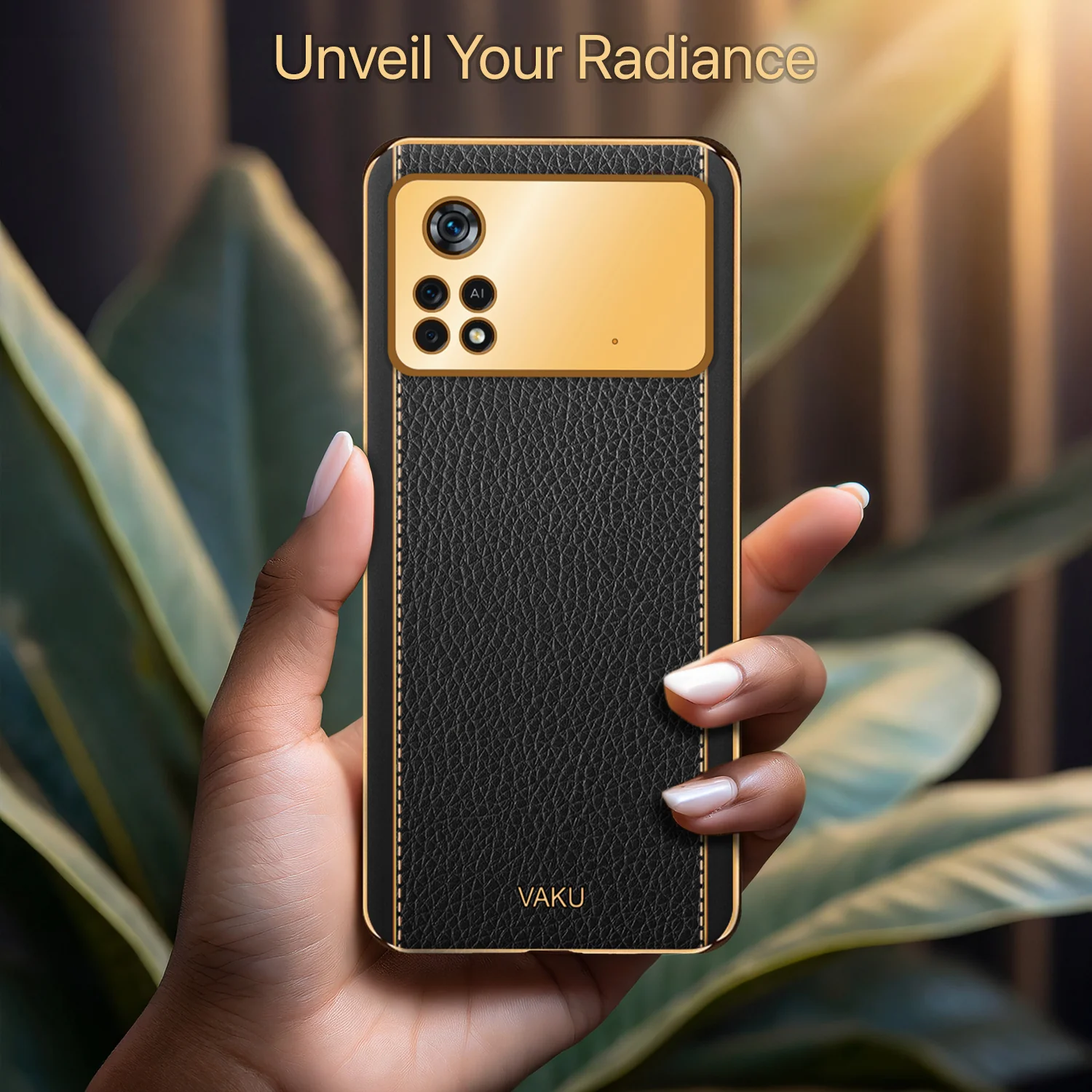 Vaku® Xiaomi Poco M4 Pro Luxemberg Series Leather Stitched Gold Electroplated Soft TPU Back Cover - Image 11