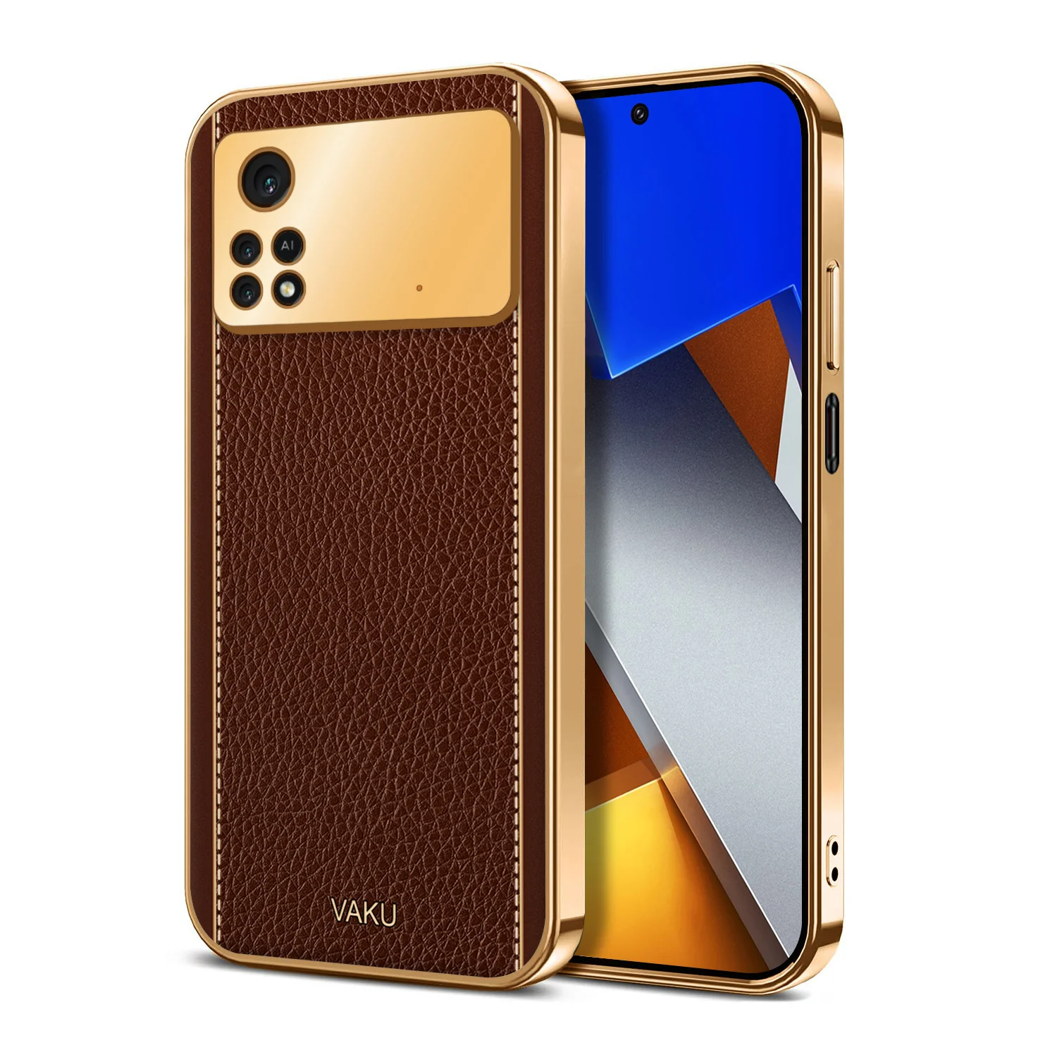 Vaku® Xiaomi Poco M4 Pro Luxemberg Series Leather Stitched Gold Electroplated Soft TPU Back Cover - Image 14
