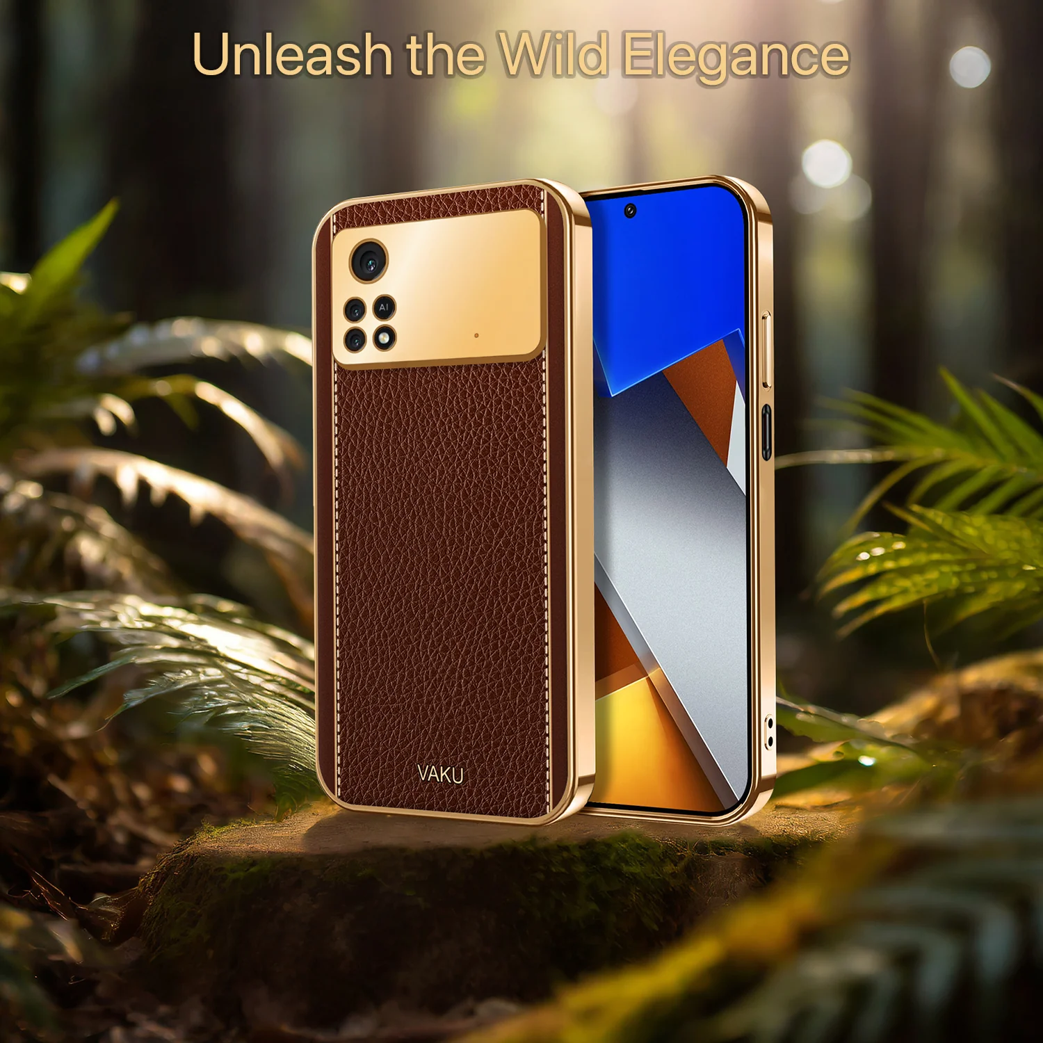Vaku® Xiaomi Poco M4 Pro Luxemberg Series Leather Stitched Gold Electroplated Soft TPU Back Cover - Image 15