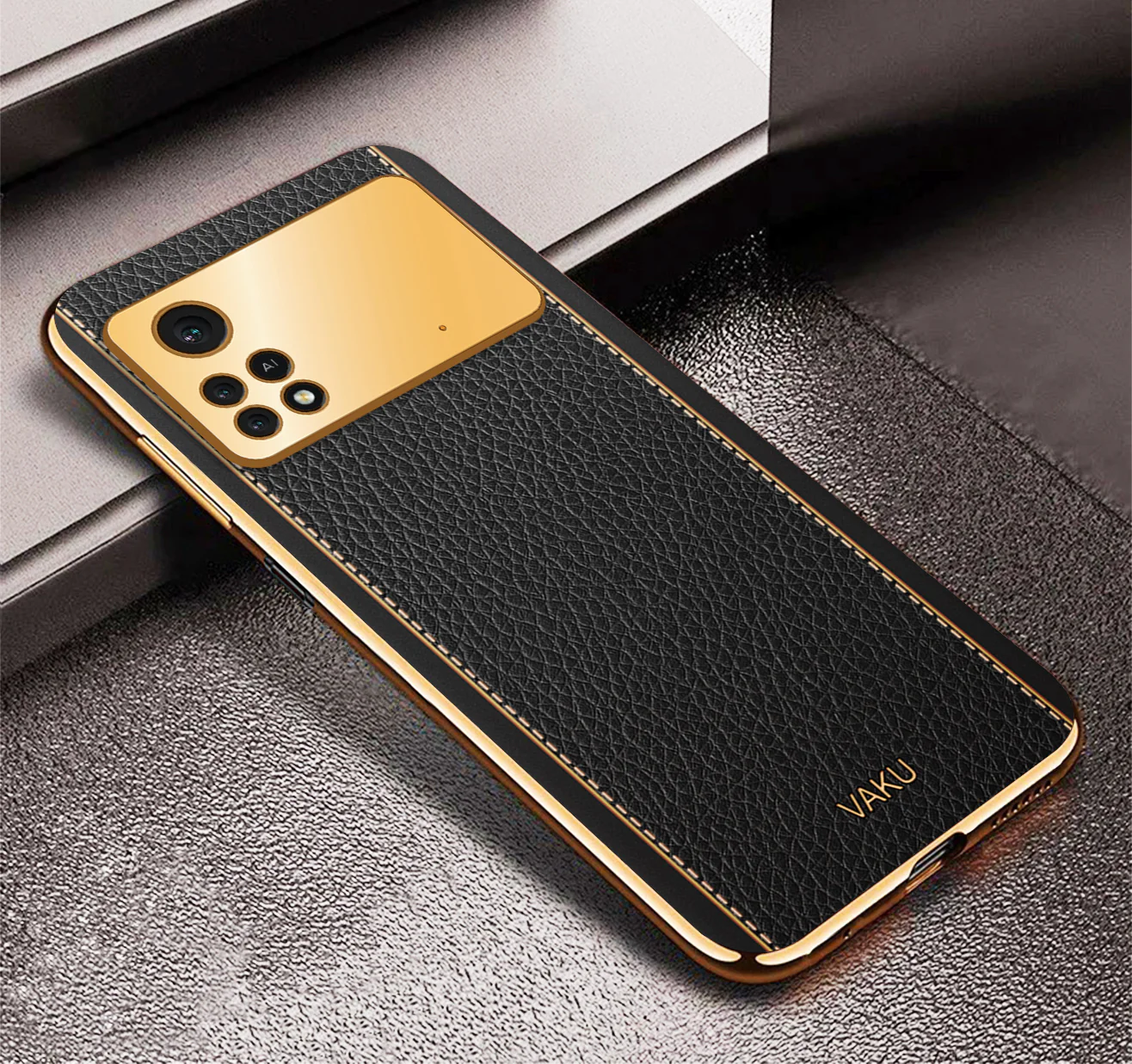 Vaku® Xiaomi Poco M4 Pro Luxemberg Series Leather Stitched Gold Electroplated Soft TPU Back Cover - Image 6
