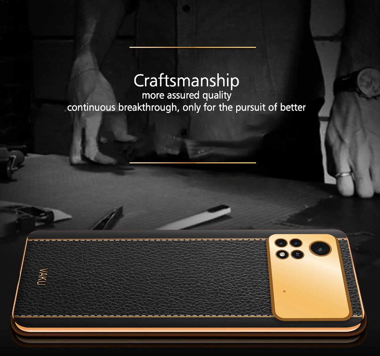 Vaku® Xiaomi Poco M4 Pro Luxemberg Series Leather Stitched Gold Electroplated Soft TPU Back Cover - Image 7