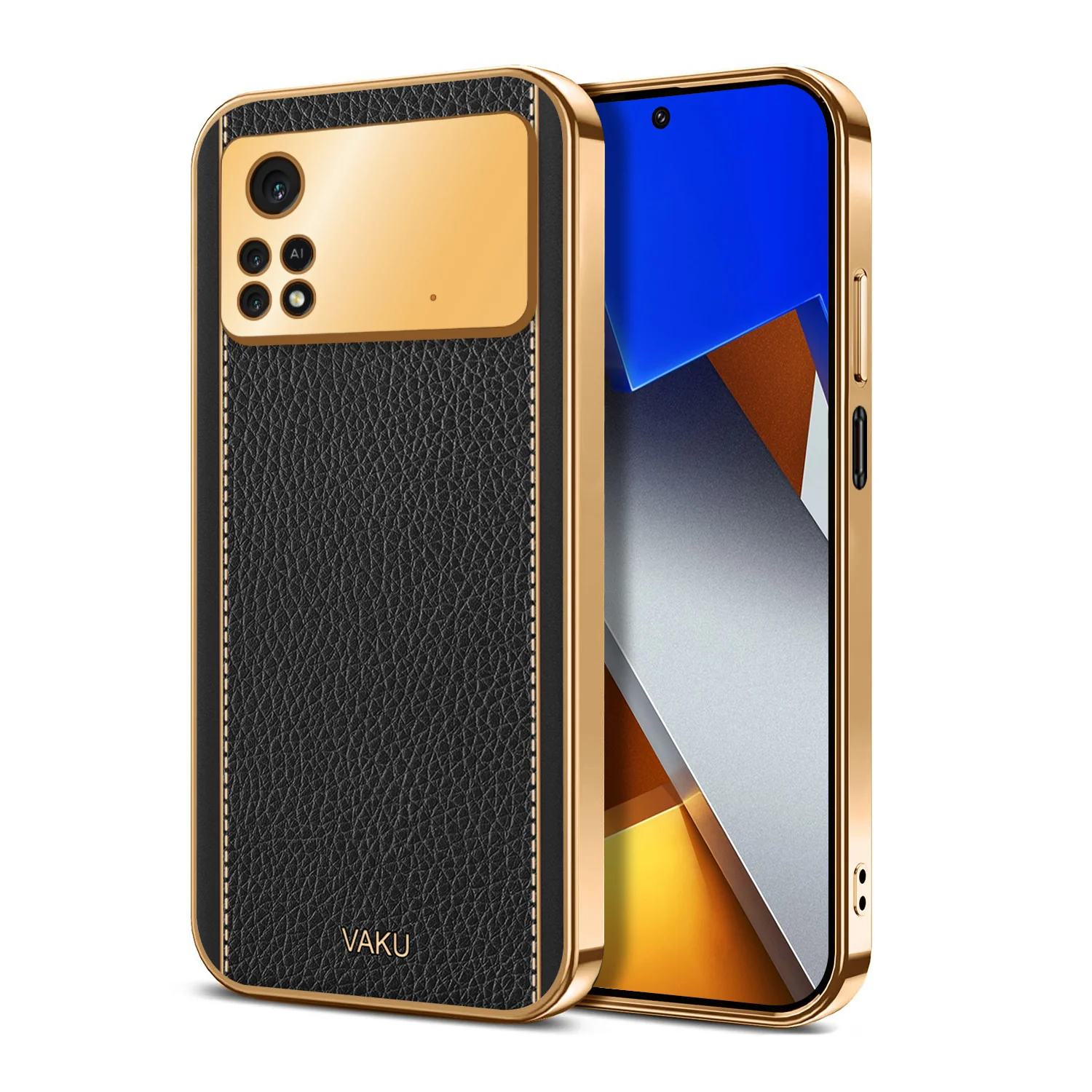 Vaku® Xiaomi Poco M4 Pro Luxemberg Series Leather Stitched Gold Electroplated Soft TPU Back Cover - Image 9