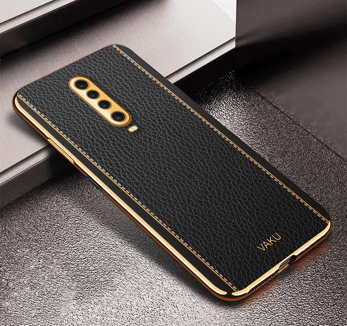 Vaku® Xiaomi Poco X2 Luxemberg Series Leather Stitched Gold Electroplated Soft TPU Back Cover - Image 11