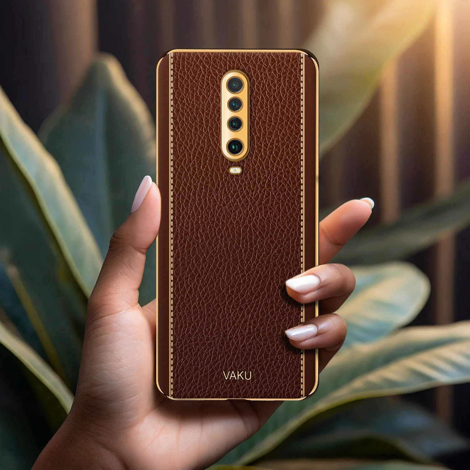 Vaku® Xiaomi Poco X2 Luxemberg Series Leather Stitched Gold Electroplated Soft TPU Back Cover - Image 13