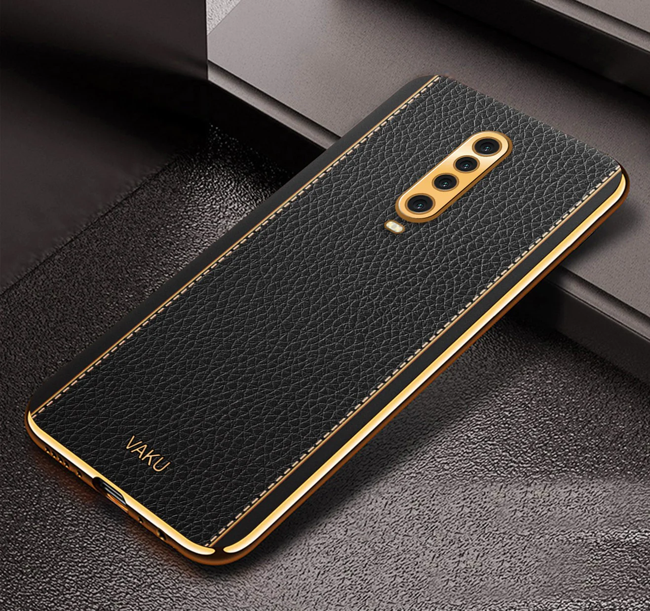 Vaku® Xiaomi Poco X2 Luxemberg Series Leather Stitched Gold Electroplated Soft TPU Back Cover - Image 2