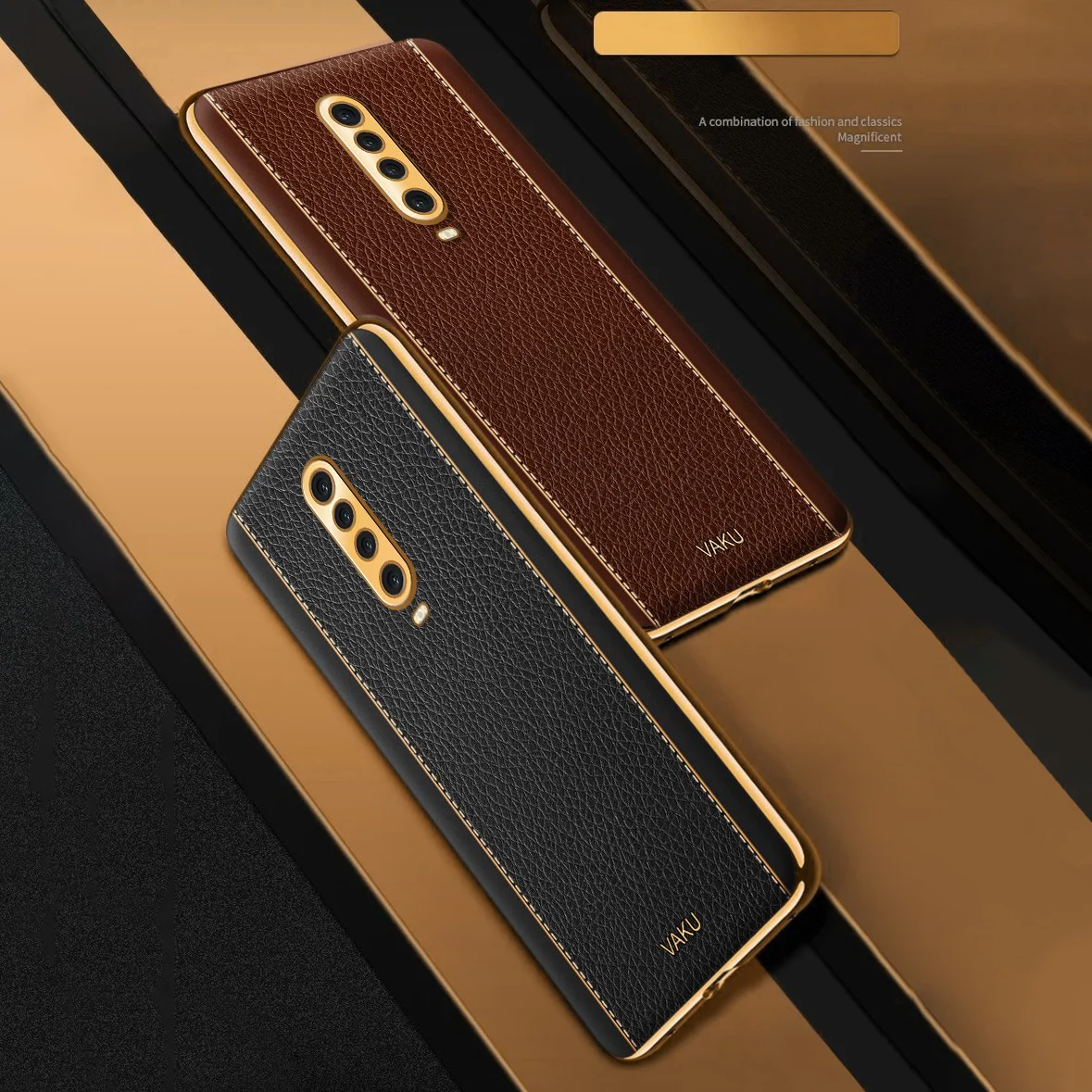 Vaku® Xiaomi Poco X2 Luxemberg Series Leather Stitched Gold Electroplated Soft TPU Back Cover - Image 5