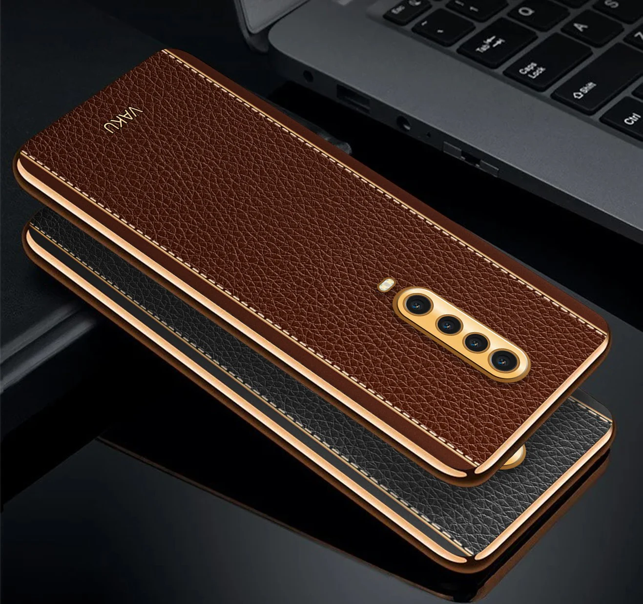 Vaku® Xiaomi Poco X2 Luxemberg Series Leather Stitched Gold Electroplated Soft TPU Back Cover - Image 6