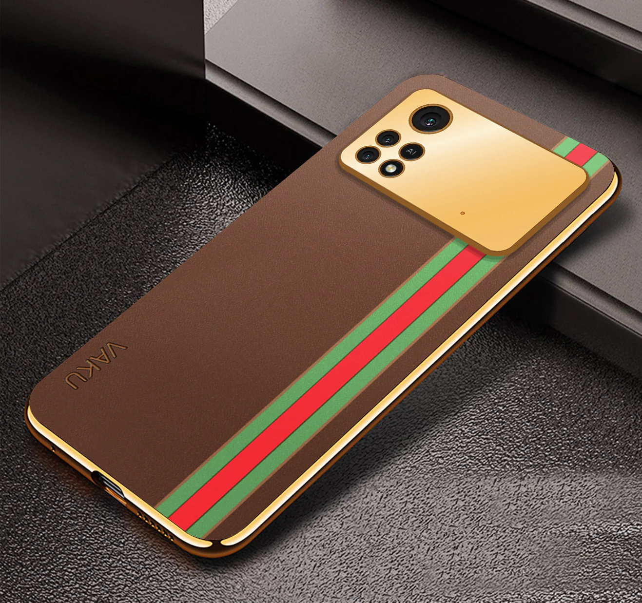 Vaku® Xiaomi Poco X4 Pro 5G Felix Line Leather Stitched Gold Electroplated Soft TPU Back Cover Case