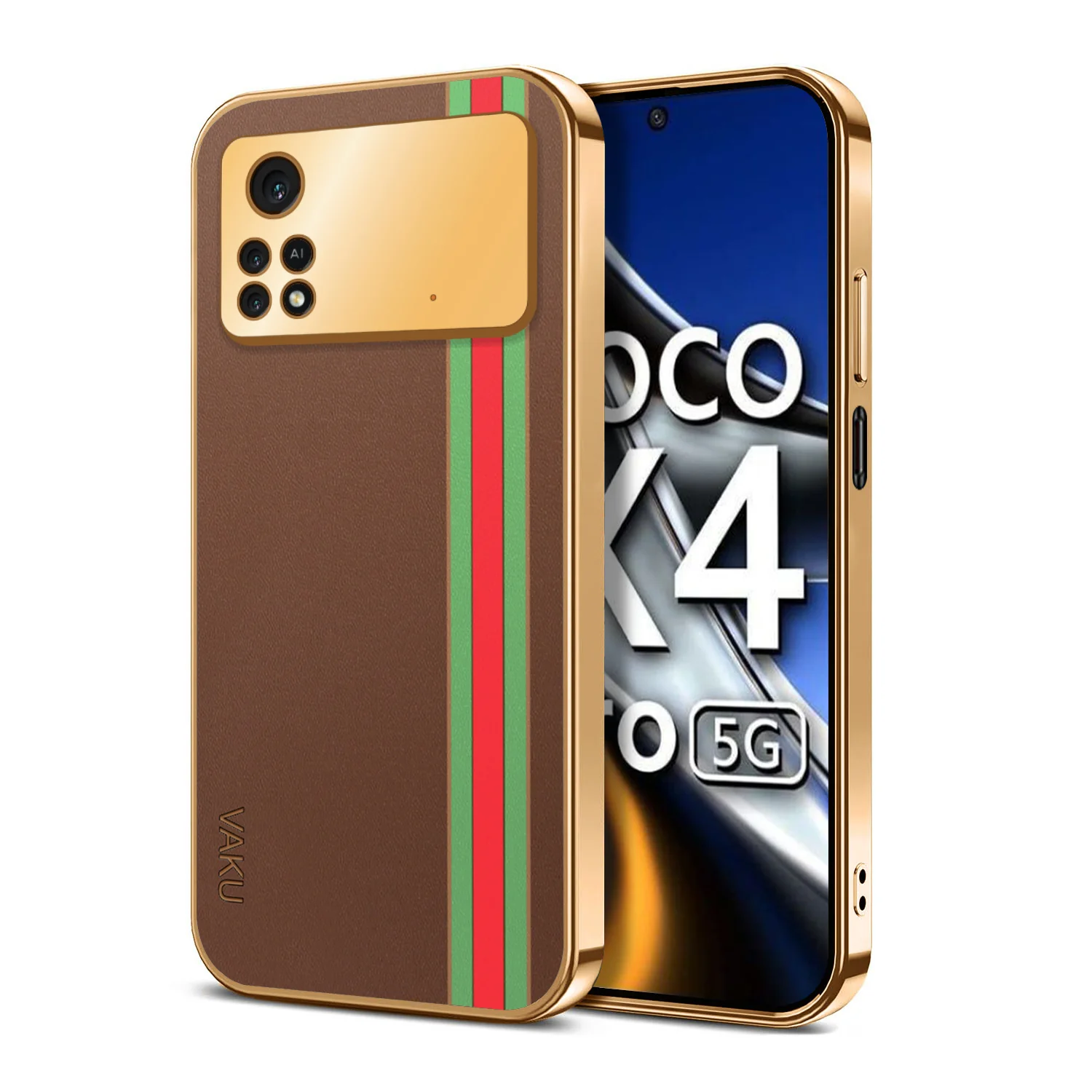 Vaku® Xiaomi Poco X4 Pro 5G Felix Line Leather Stitched Gold Electroplated Soft TPU Back Cover Case - Image 14