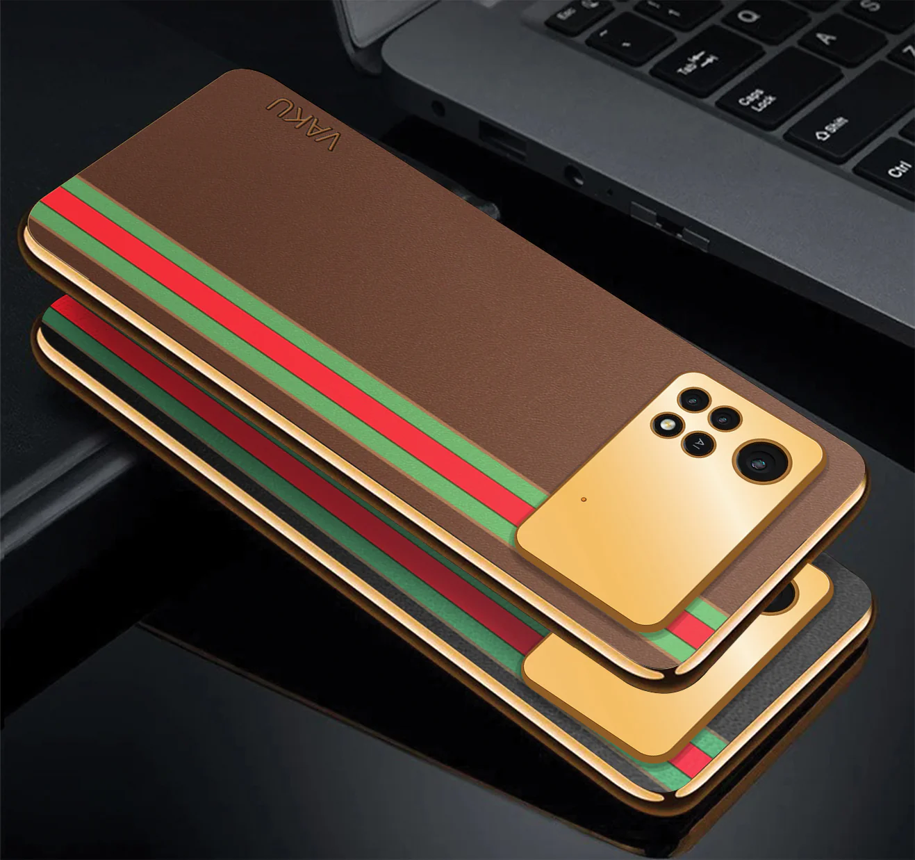 Vaku® Xiaomi Poco X4 Pro 5G Felix Line Leather Stitched Gold Electroplated Soft TPU Back Cover Case - Image 3