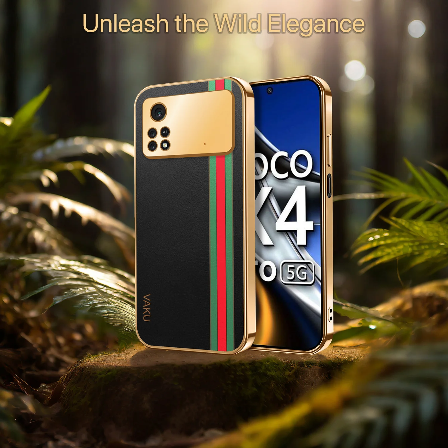 Vaku® Xiaomi Poco X4 Pro 5G Felix Line Leather Stitched Gold Electroplated Soft TPU Back Cover Case - Image 9