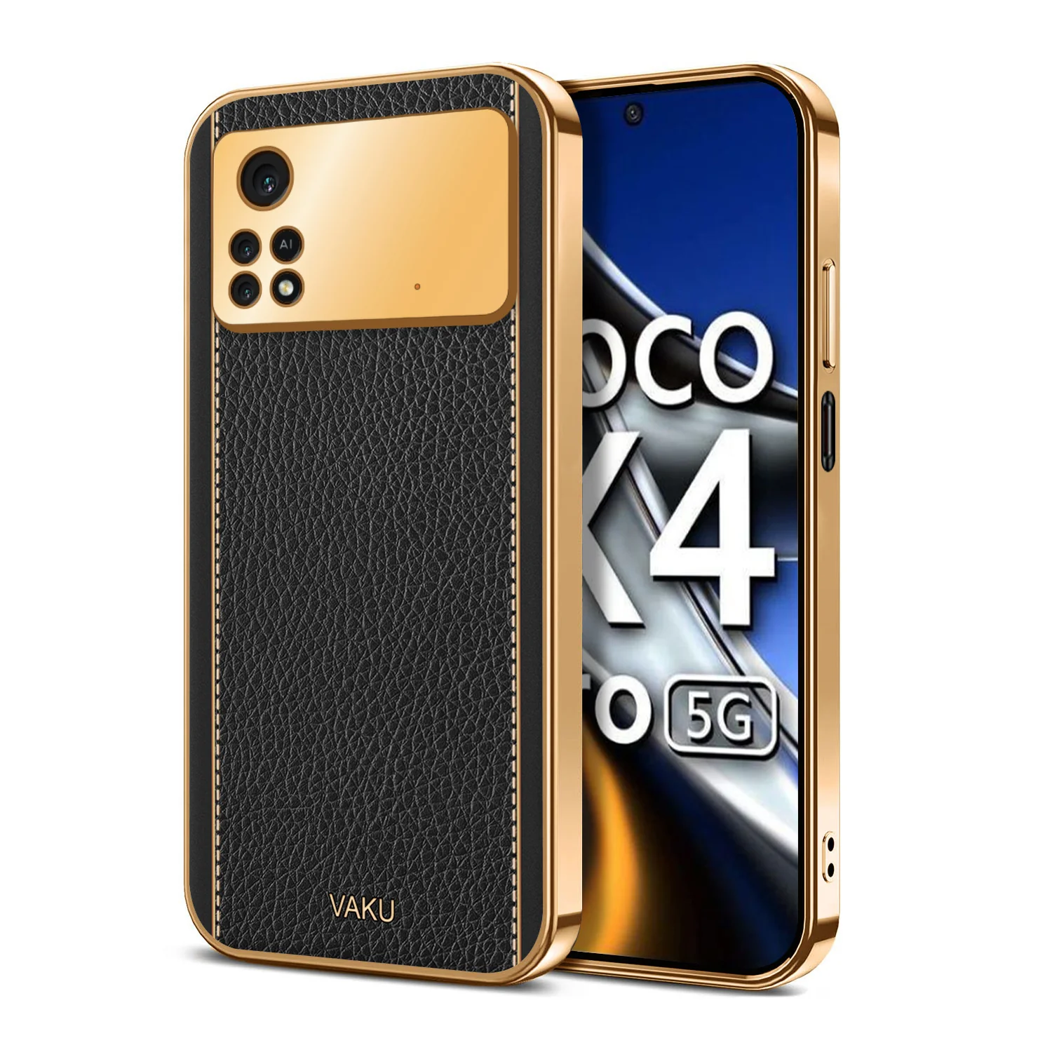 Vaku® Xiaomi Poco X4 Pro Luxemberg Series Leather Stitched Gold Electroplated Soft TPU Back Cover - Image 10