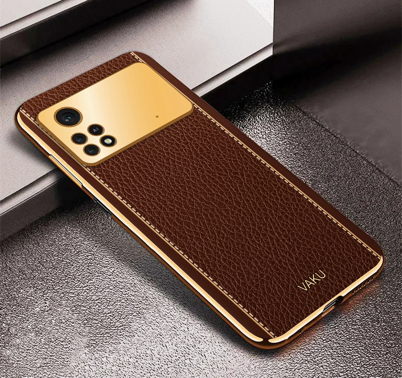Vaku® Xiaomi Poco X4 Pro Luxemberg Series Leather Stitched Gold Electroplated Soft TPU Back Cover - Image 13