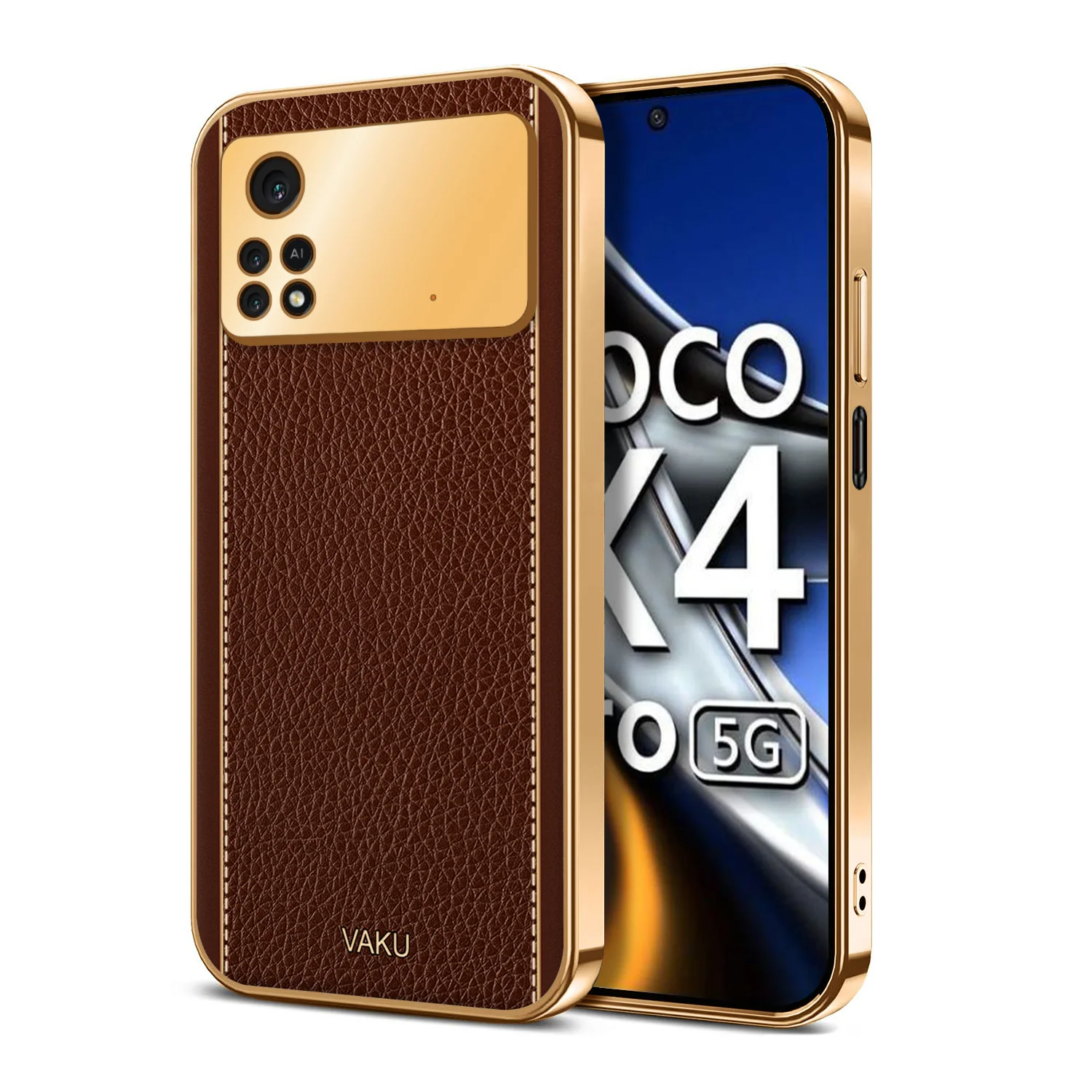 Vaku® Xiaomi Poco X4 Pro Luxemberg Series Leather Stitched Gold Electroplated Soft TPU Back Cover - Image 15