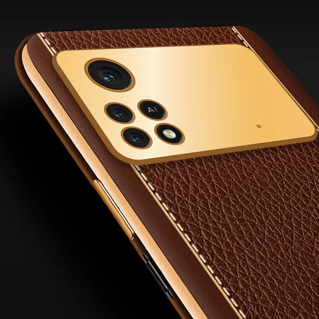 Vaku® Xiaomi Poco X4 Pro Luxemberg Series Leather Stitched Gold Electroplated Soft TPU Back Cover - Image 2