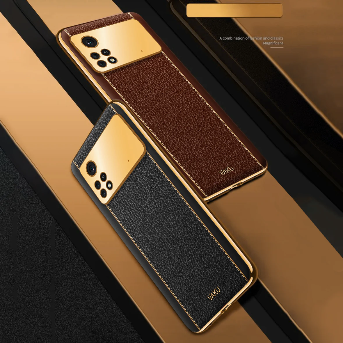 Vaku® Xiaomi Poco X4 Pro Luxemberg Series Leather Stitched Gold Electroplated Soft TPU Back Cover - Image 3