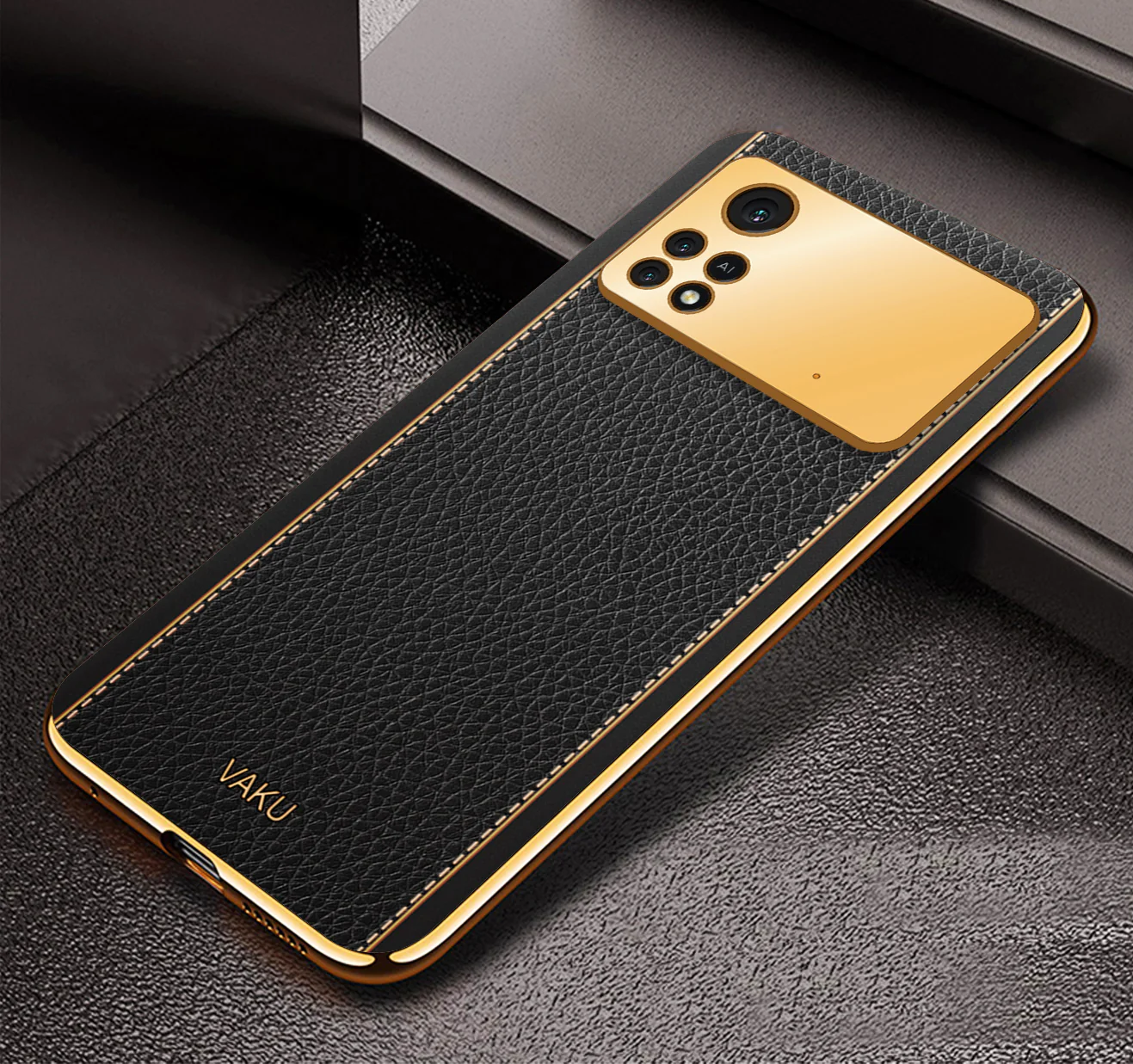 Vaku® Xiaomi Poco X4 Pro Luxemberg Series Leather Stitched Gold Electroplated Soft TPU Back Cover - Image 4
