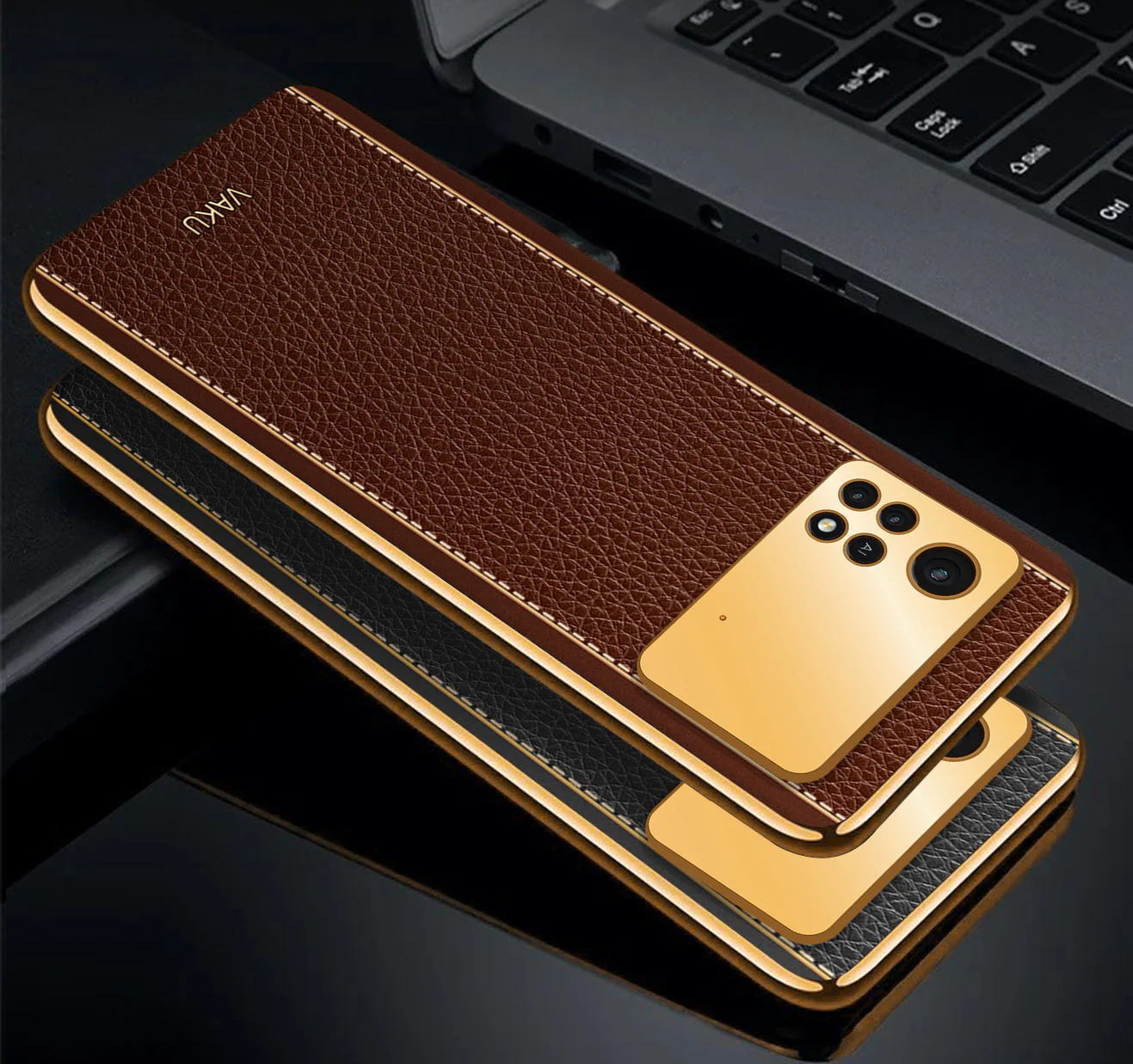 Vaku® Xiaomi Poco X4 Pro Luxemberg Series Leather Stitched Gold Electroplated Soft TPU Back Cover - Image 5