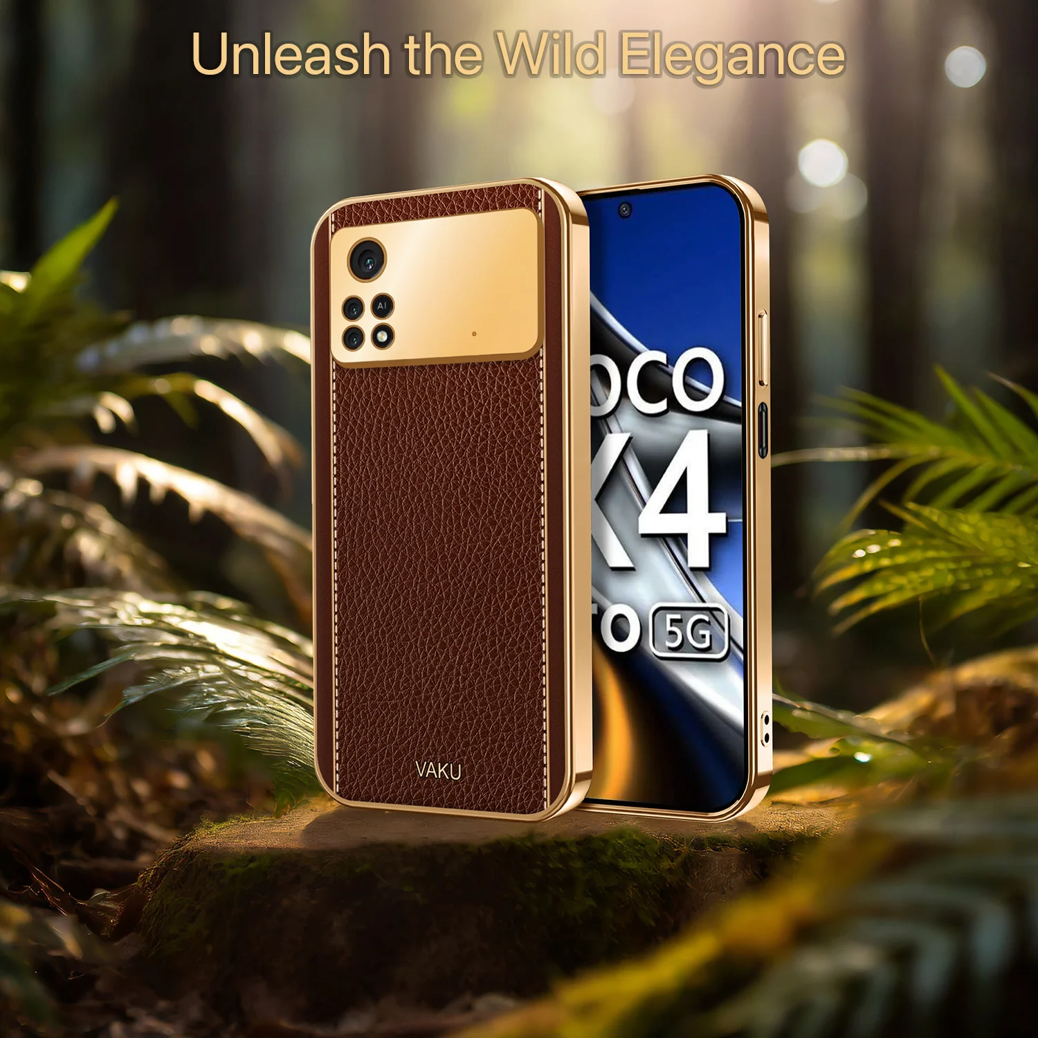 Vaku® Xiaomi Poco X4 Pro Luxemberg Series Leather Stitched Gold Electroplated Soft TPU Back Cover - Image 6