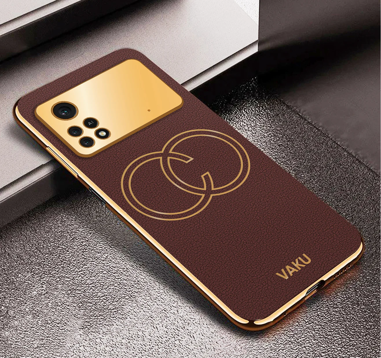 Vaku® Xiaomi Poco X4 Pro Skylar Series Leather Stitched Gold Electroplated Soft TPU Back Cover - Image 11