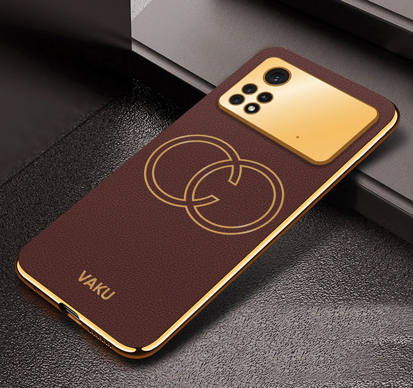 Vaku® Xiaomi Poco X4 Pro Skylar Series Leather Stitched Gold Electroplated Soft TPU Back Cover - Image 5