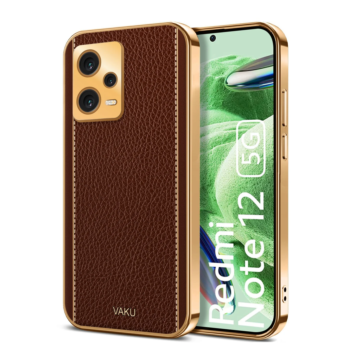 Vaku ® Xiaomi Redmi Note 12 5G Luxemberg Series Leather Stitched Gold Electroplated Soft TPU Back Cover - Image 4