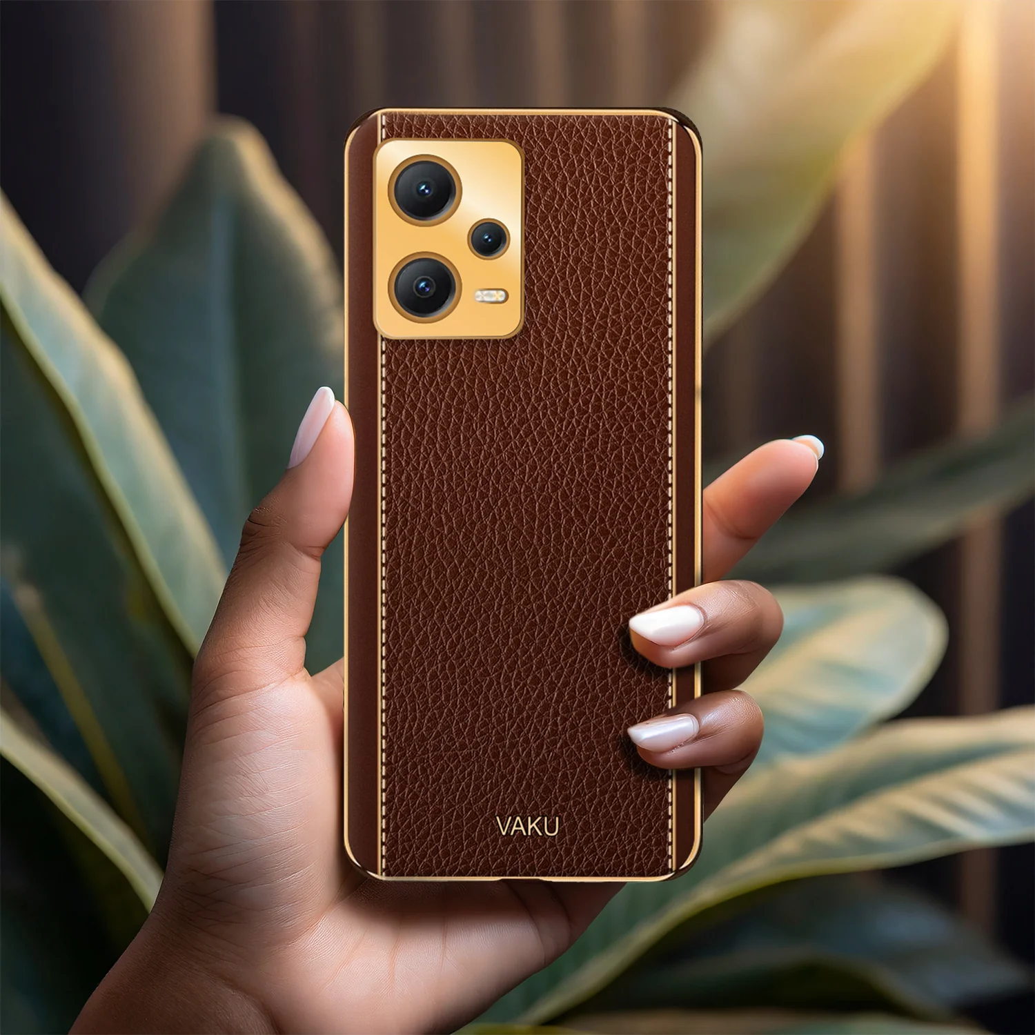 Vaku ® Xiaomi Redmi Note 12 5G Luxemberg Series Leather Stitched Gold Electroplated Soft TPU Back Cover - Image 8
