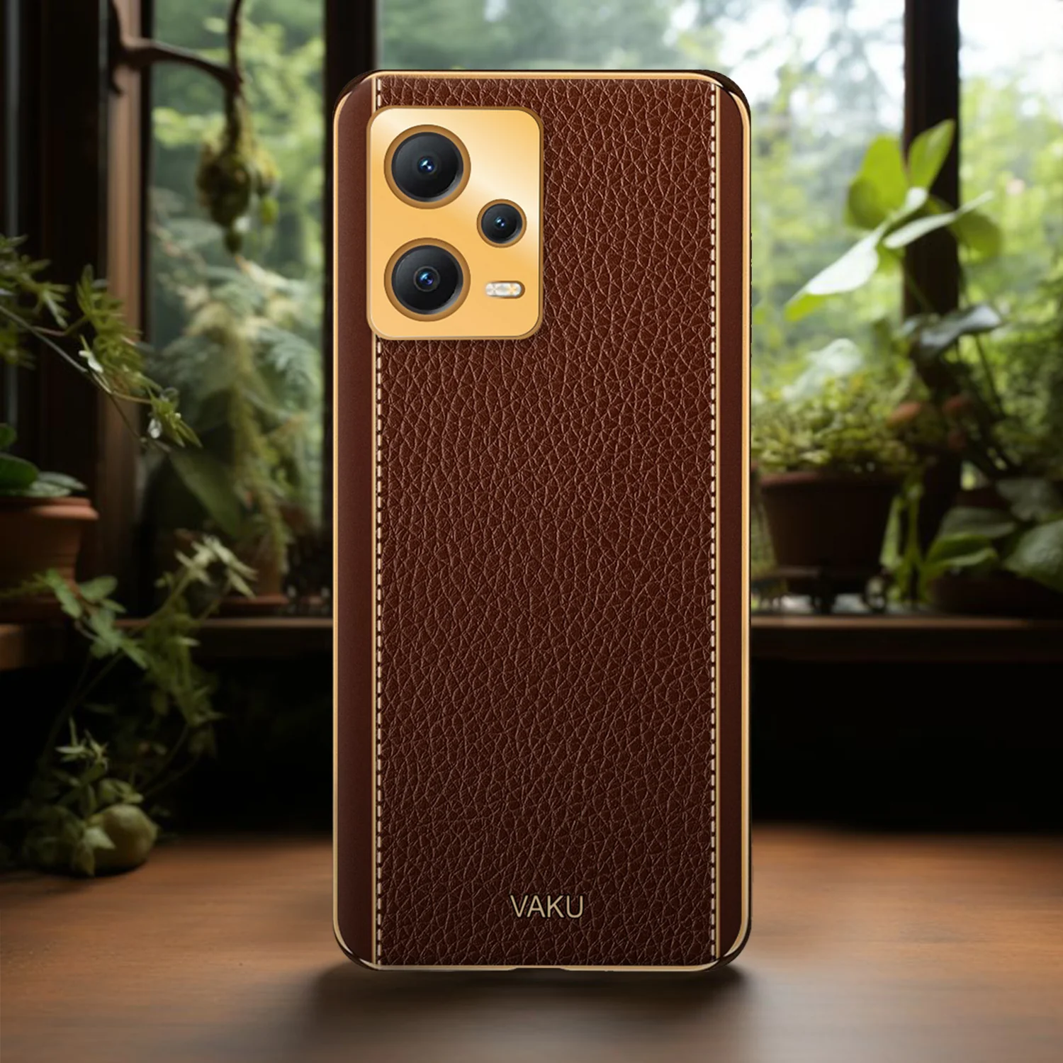 Vaku ® Xiaomi Redmi Note 12 5G Luxemberg Series Leather Stitched Gold Electroplated Soft TPU Back Cover - Image 9