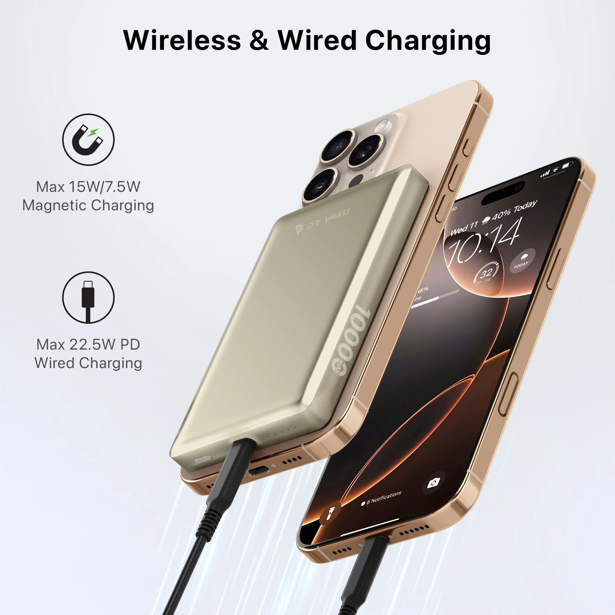Vaku ® Desert Titanium 10000mAh Magnetic Wireless Power Bank 15W Wireless Charging - Image 10