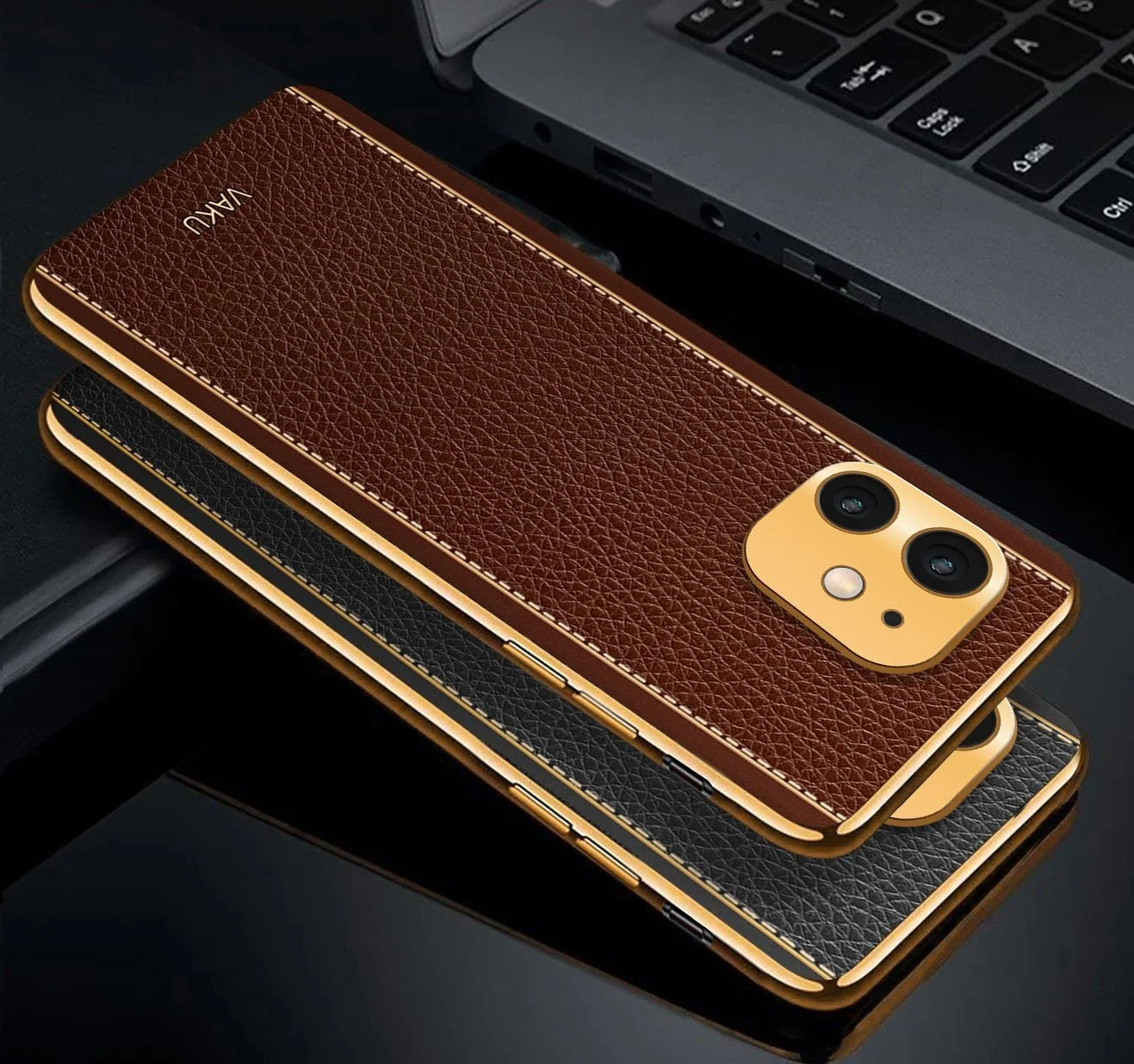 Vaku® For Apple iPhone 11 Luxemberg Series Leather Stitched Gold Electroplated Soft TPU Back Cover - Image 3