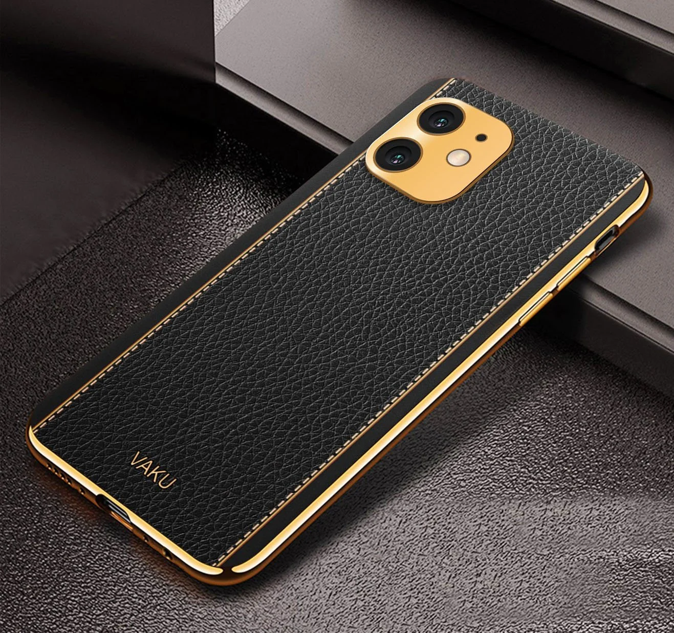 Vaku® For Apple iPhone 11 Luxemberg Series Leather Stitched Gold Electroplated Soft TPU Back Cover - Image 6